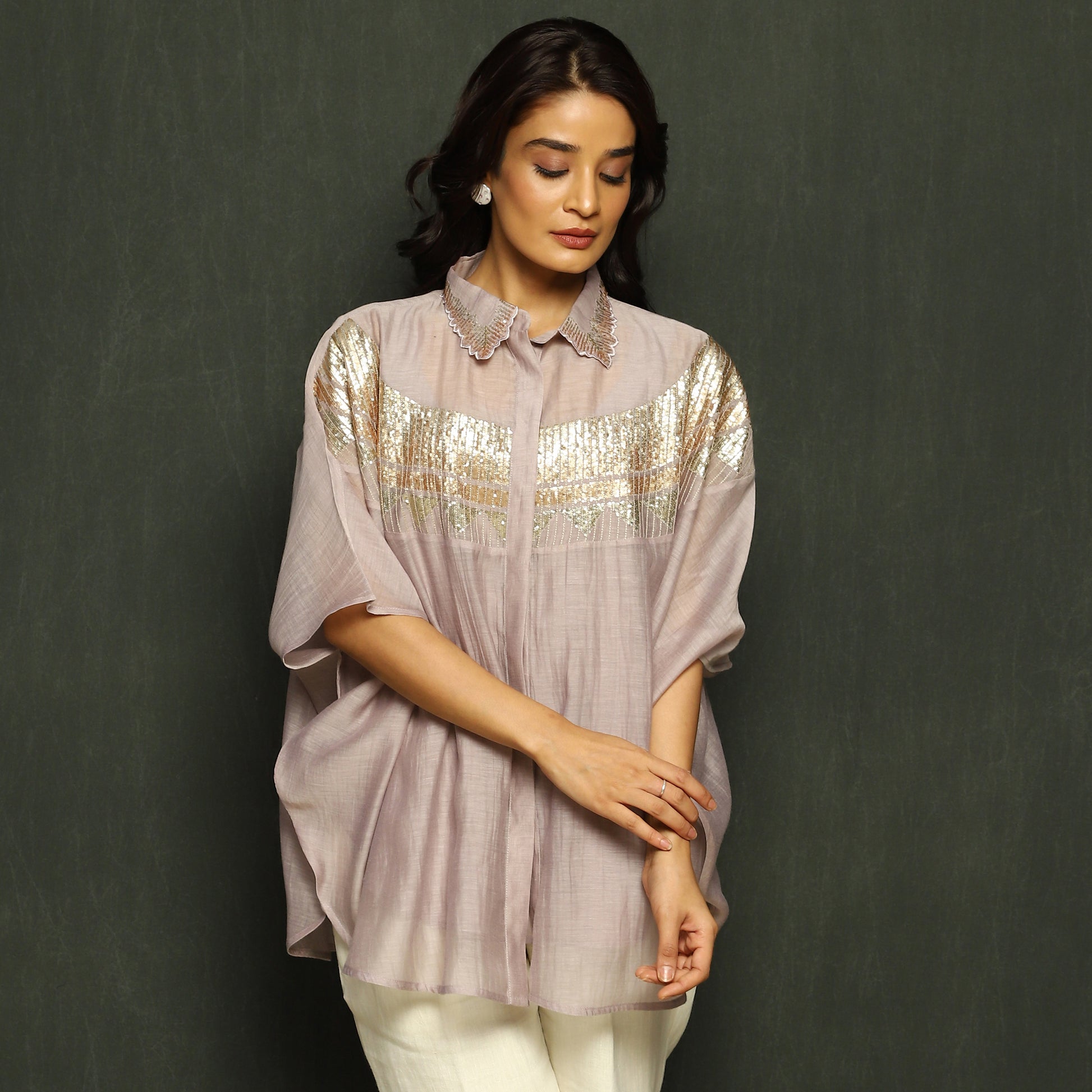 Mauve Embroidered Mul Chanderi Top