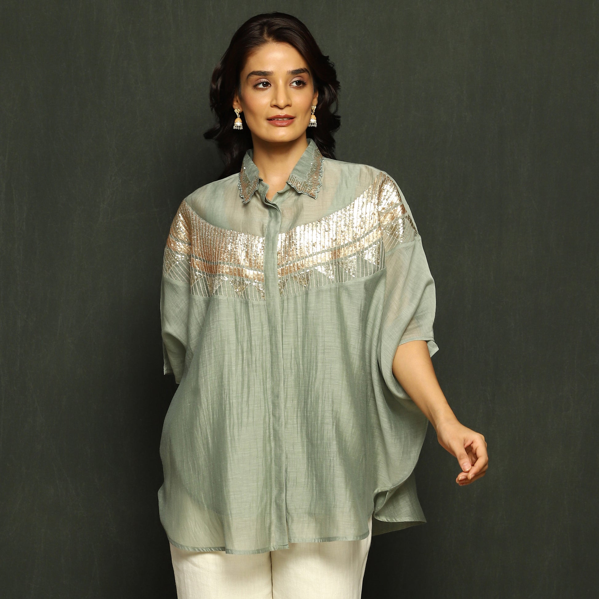 Noor Embroidered Yoke Overshirt in Mul Chanderi