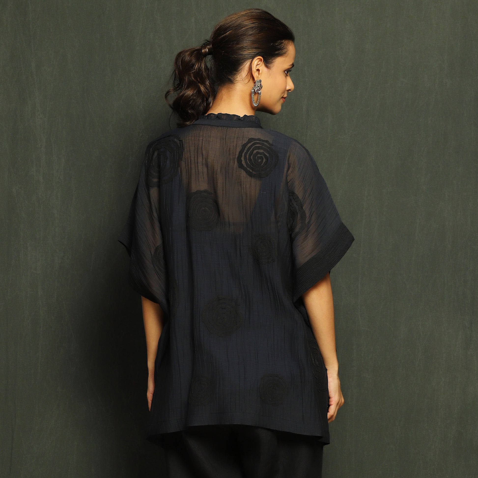Black Floral Tonal Embroidered Mul Chanderi Top