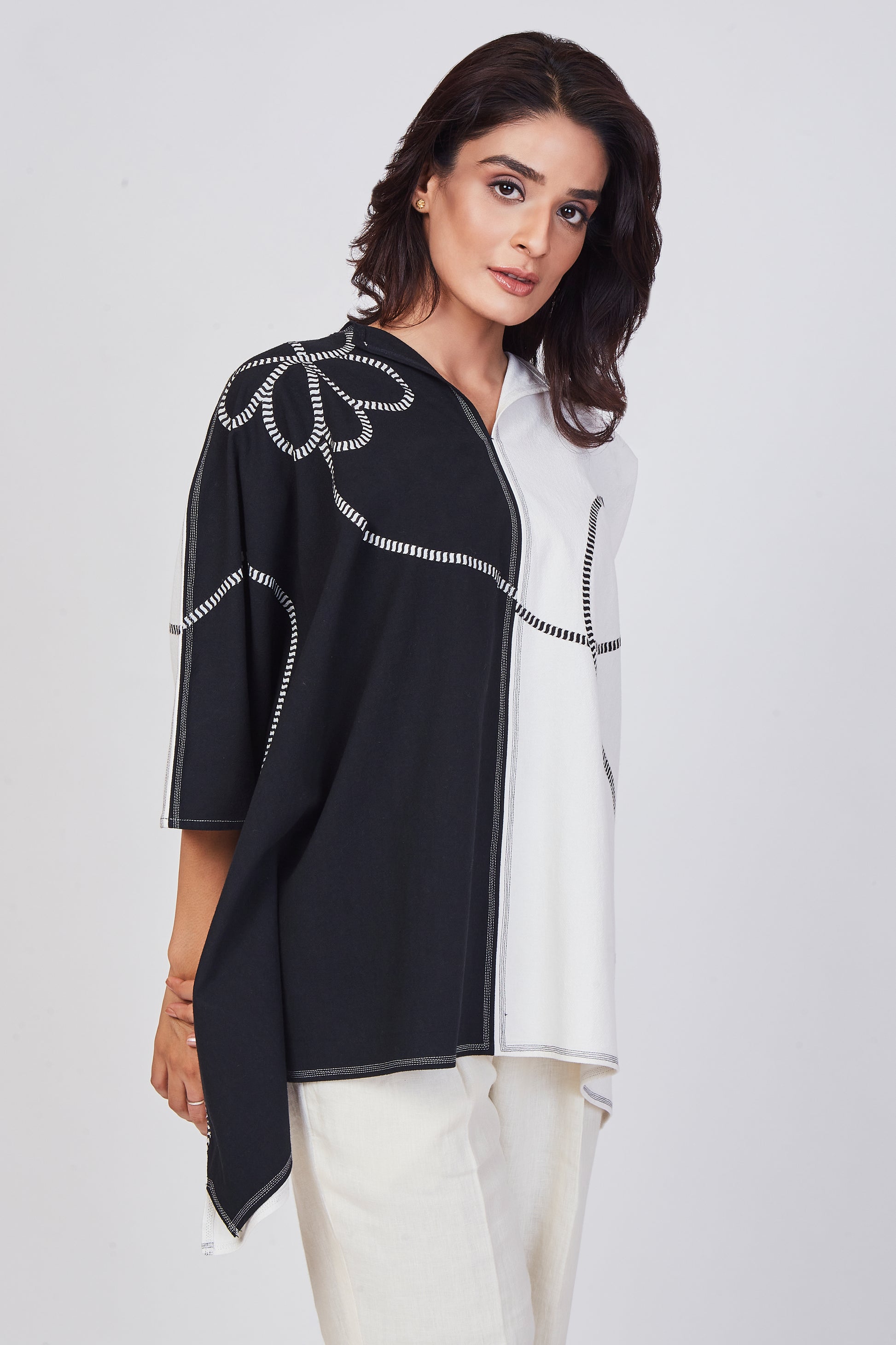 Dual-Tone Embroidered Poncho Top