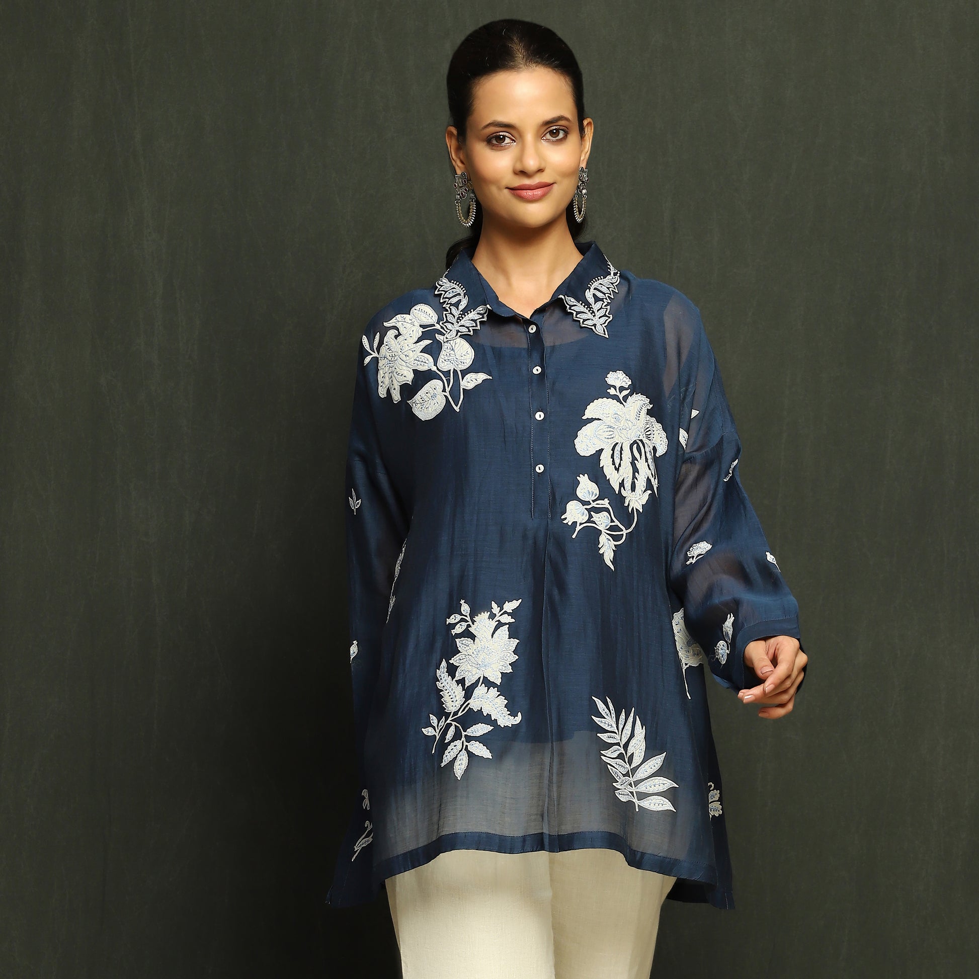 Midnight Blue Embroidered Mul Chanderi Blouse