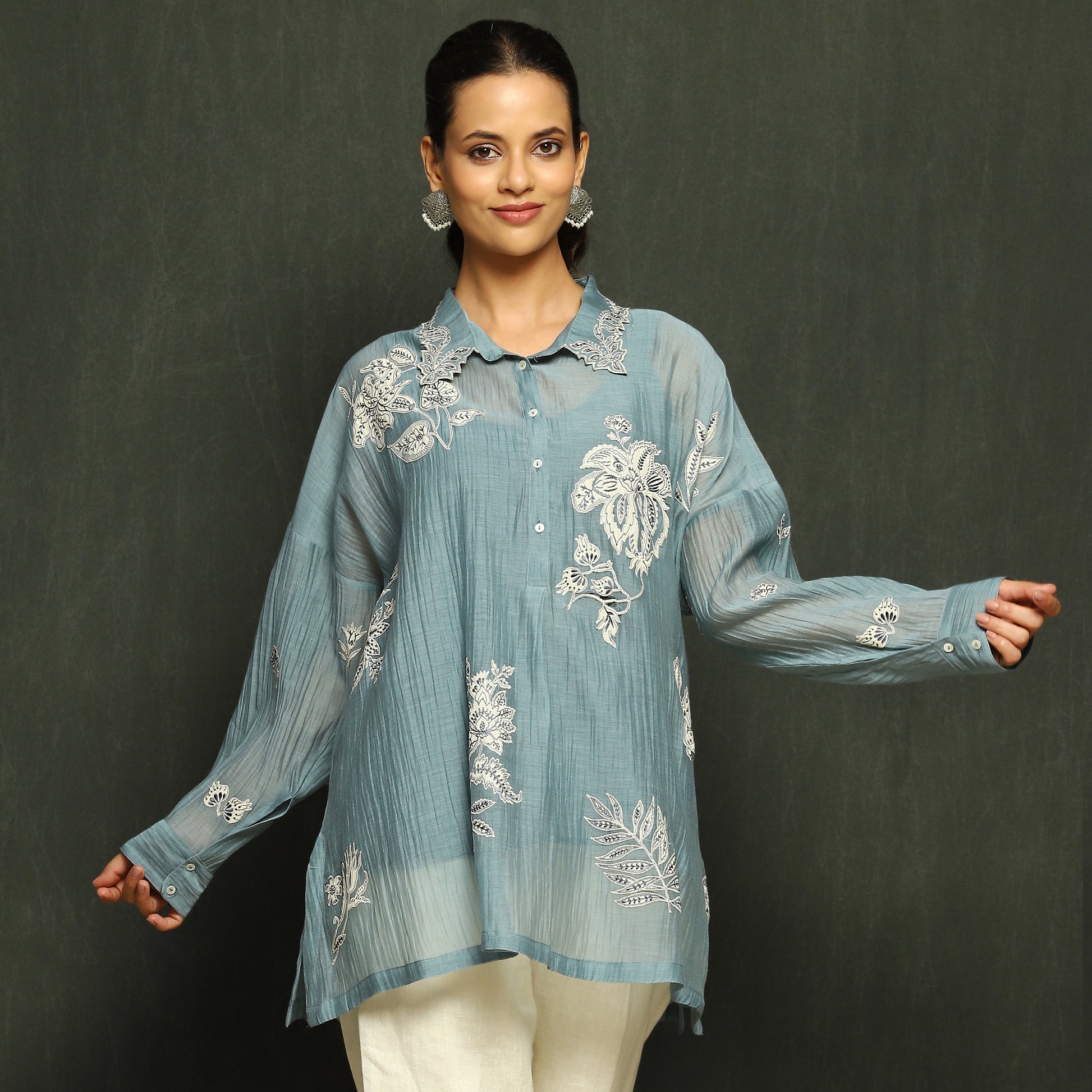 Steel Blue Embroidered Mul Chanderi Top