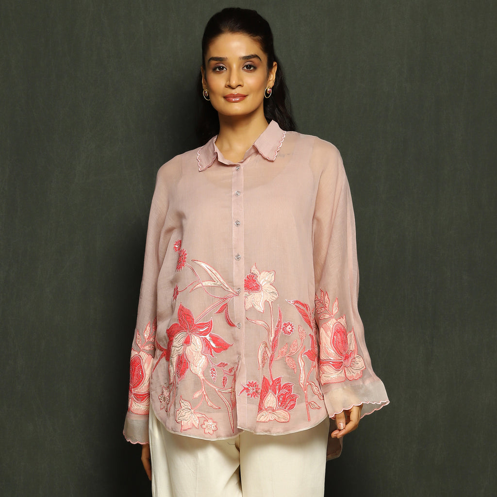 Pink Multi-Tonal Floral Embroidered Mul Chanderi Top