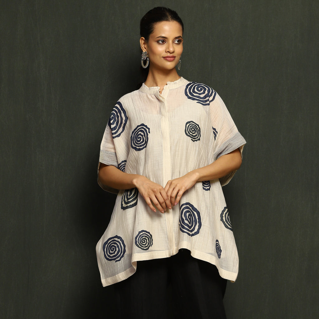 Ecru & Navy Swirl Print Mul Chanderi Top
