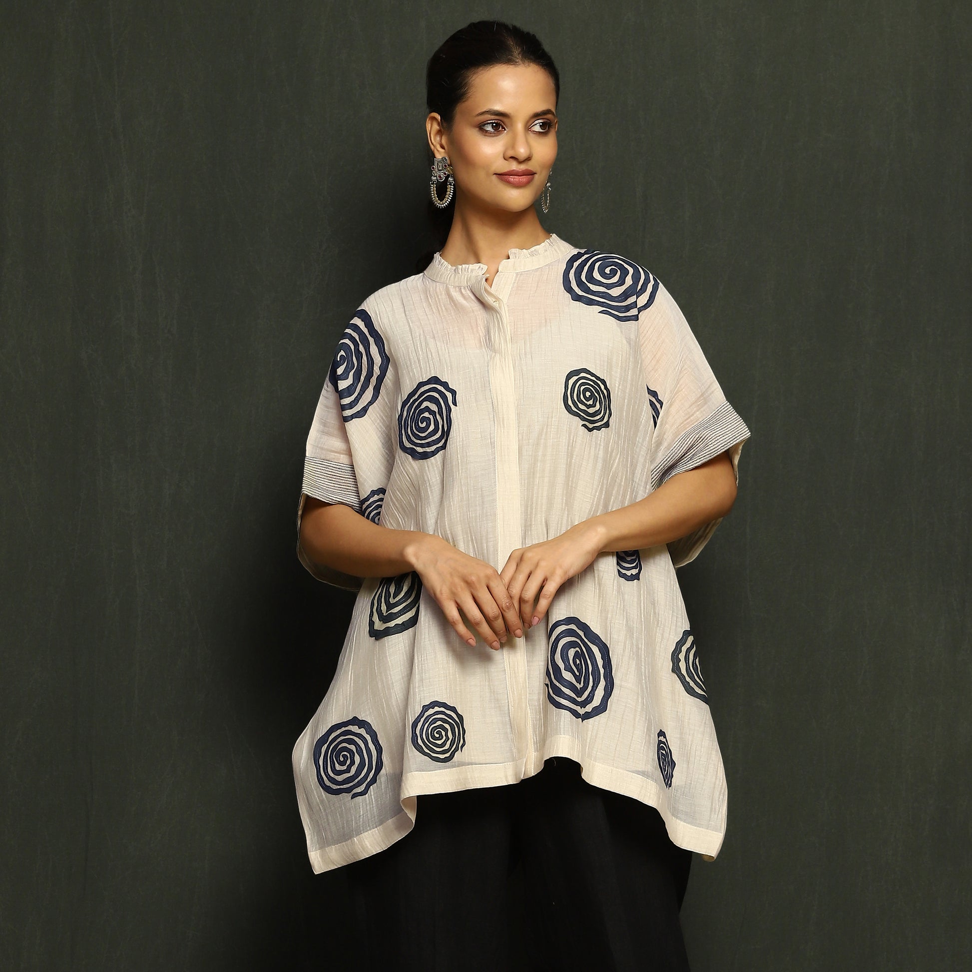 Ecru & Navy Swirl Print Mul Chanderi Top