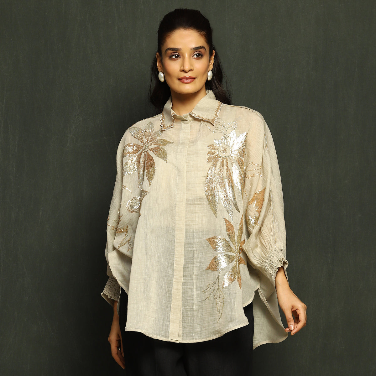 Ecru & Gold Floral Embroidered Mul Chanderi Top