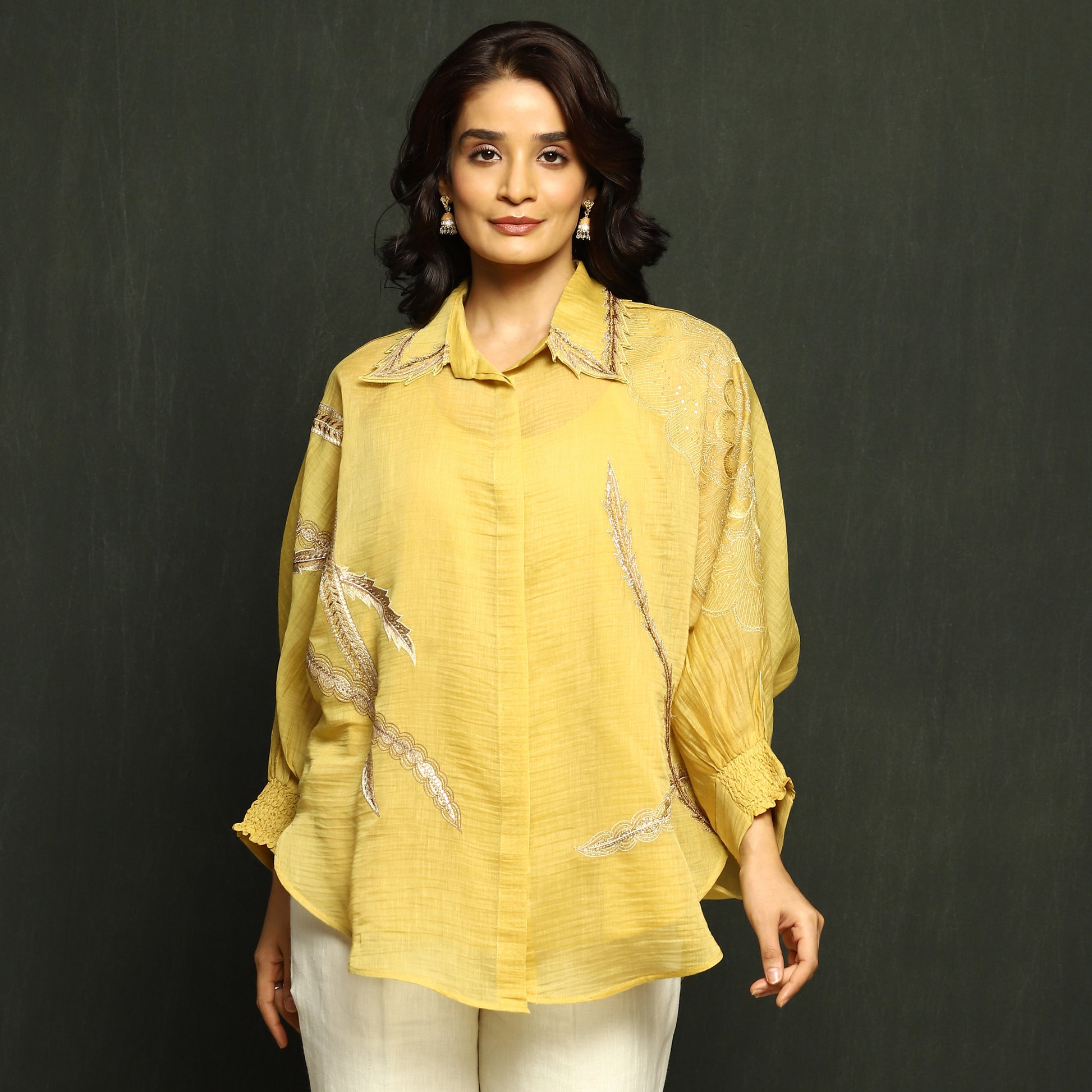 Marigold Embroidered Button-Down Mul Chanderi Top