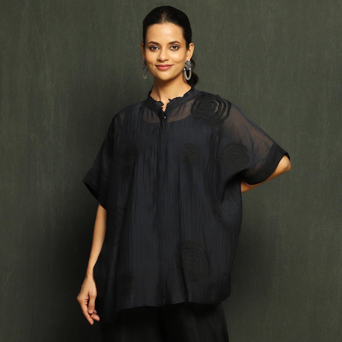 Black Floral Tonal Embroidered Mul Chanderi Top