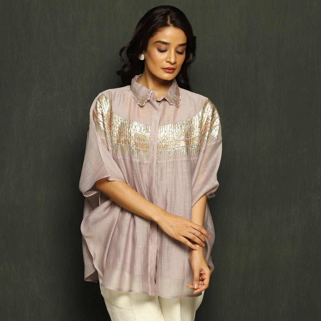 Mauve Embroidered Mul Chanderi Top