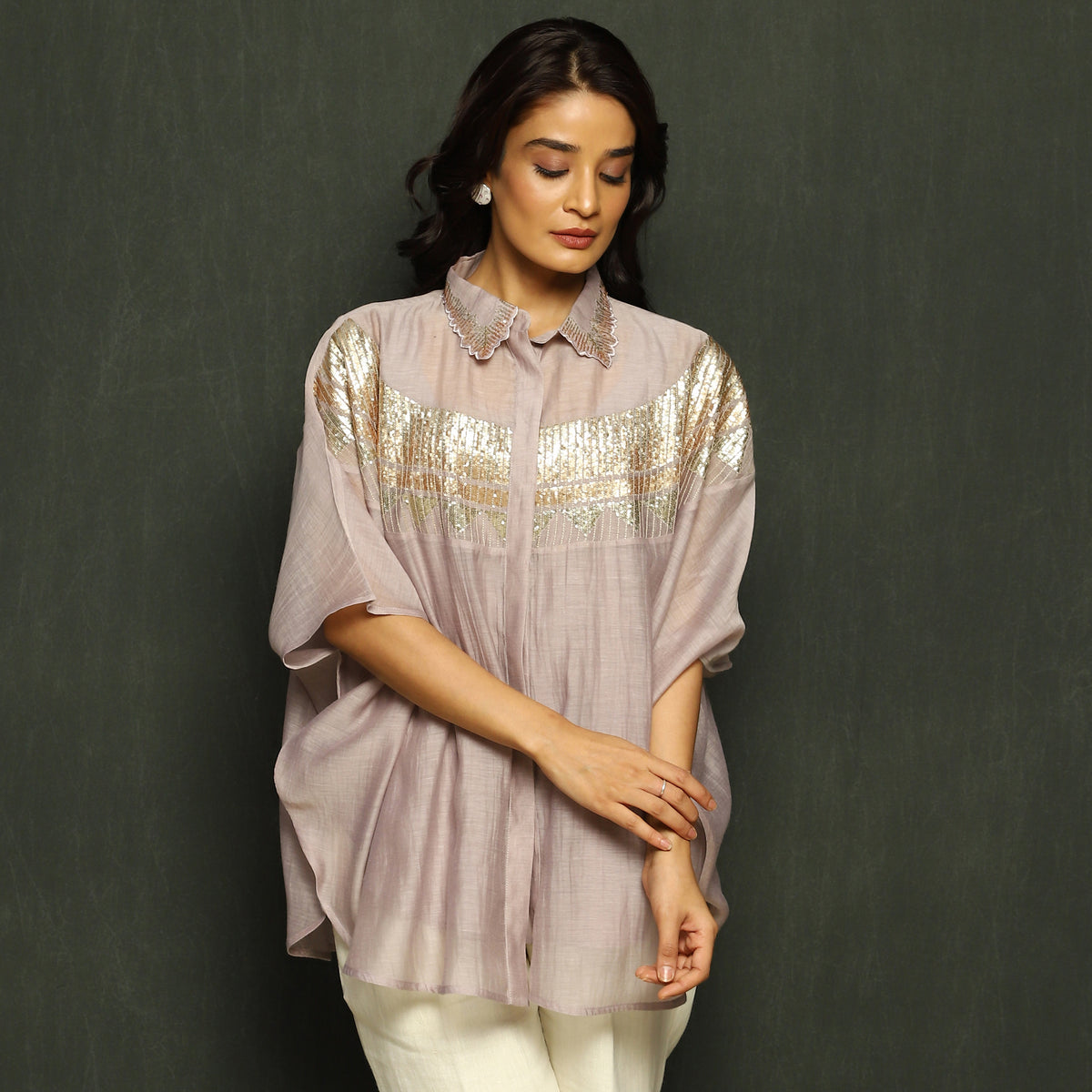 Mauve Embroidered Mul Chanderi Top