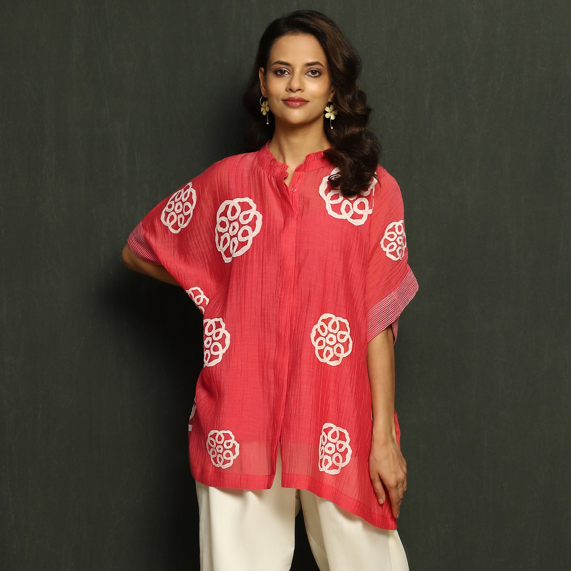 Coral & White Embroidered Mul Chanderi Top