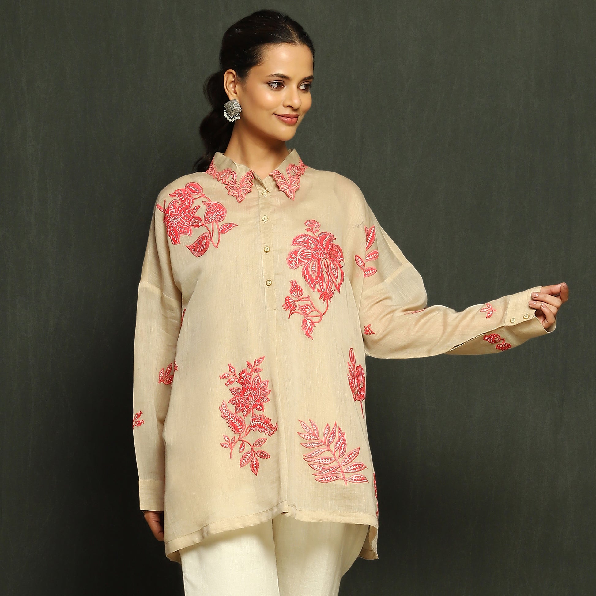 Ecru & Pink Floral Embroidered Mul Chanderi Top