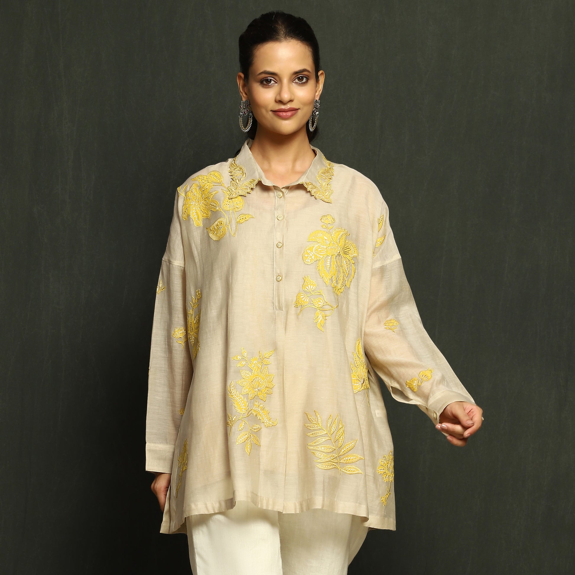 Ecru & Yellow Floral Embroidered Mul Chanderi Top