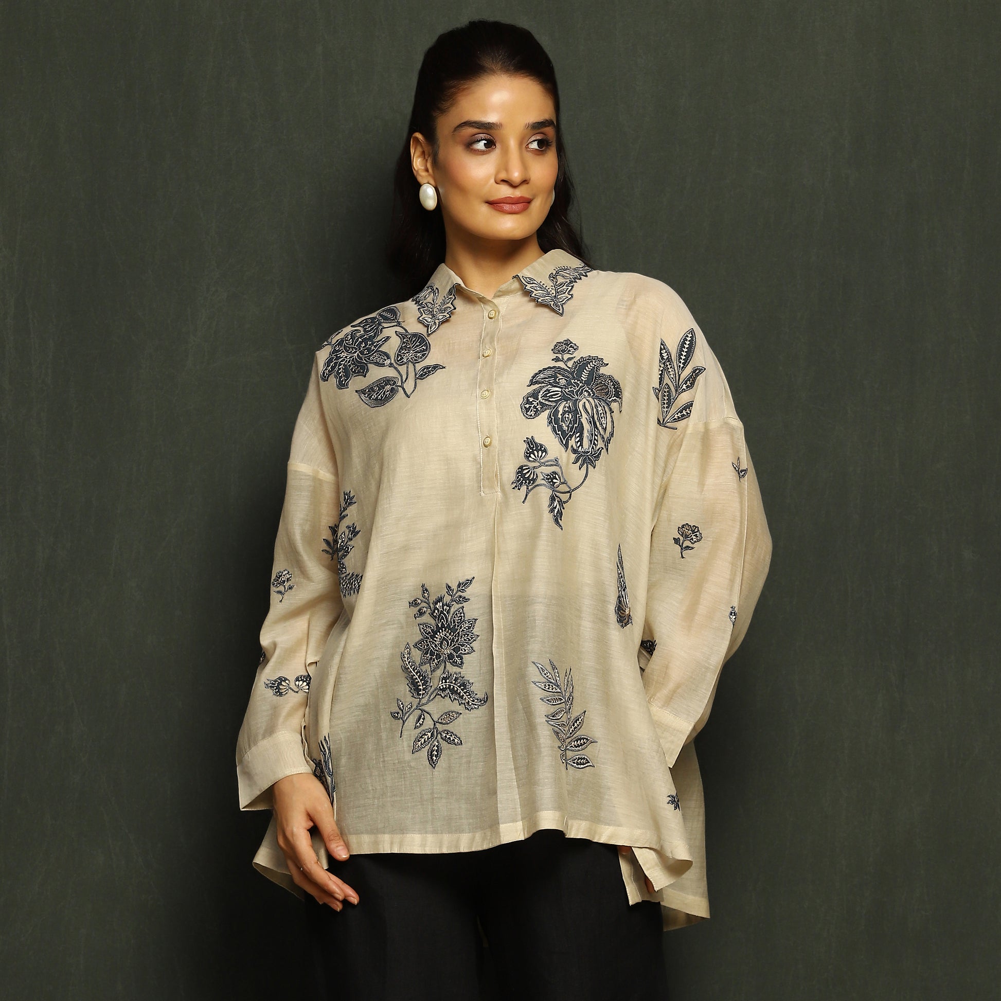 Ivory & Navy Floral Embroidered Tunic