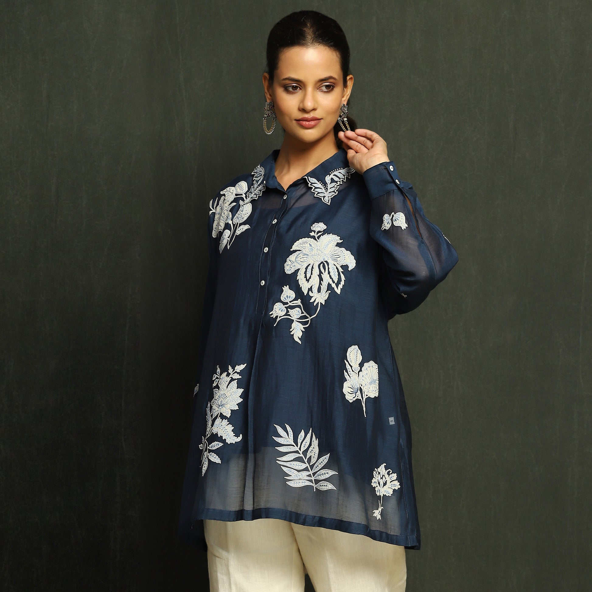Midnight Blue Embroidered Mul Chanderi Blouse