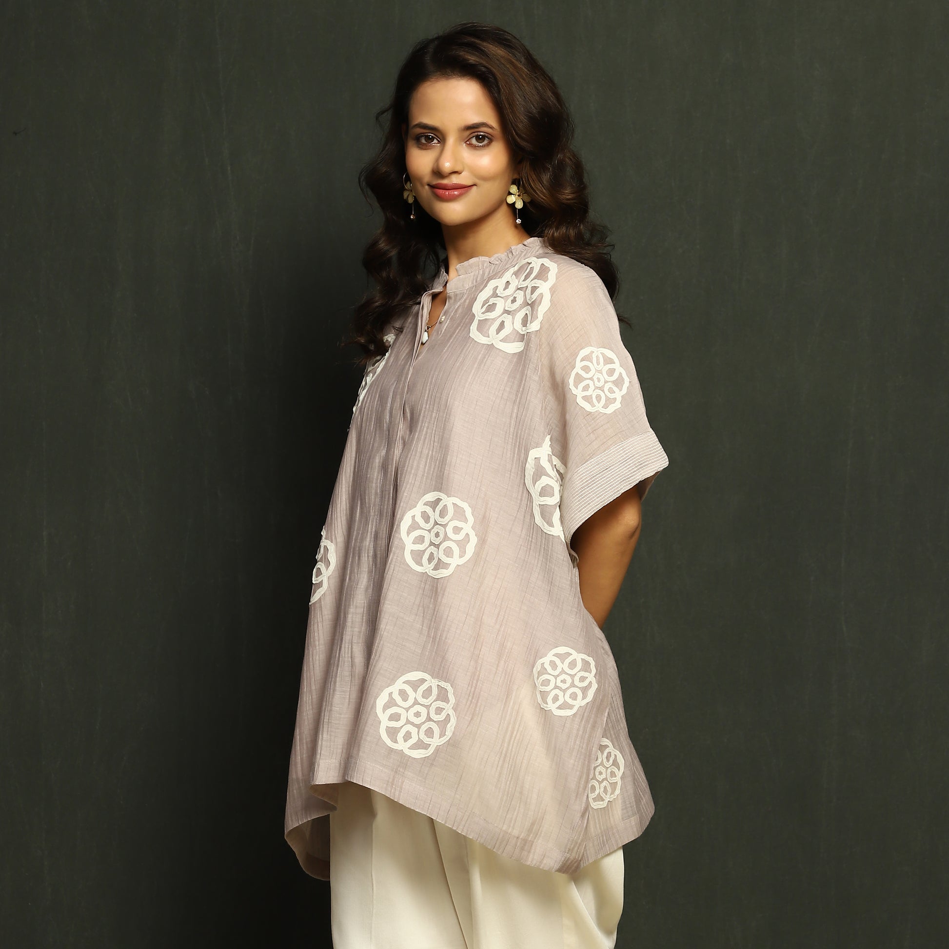 Taupe Embroidered Mul Chanderi Top