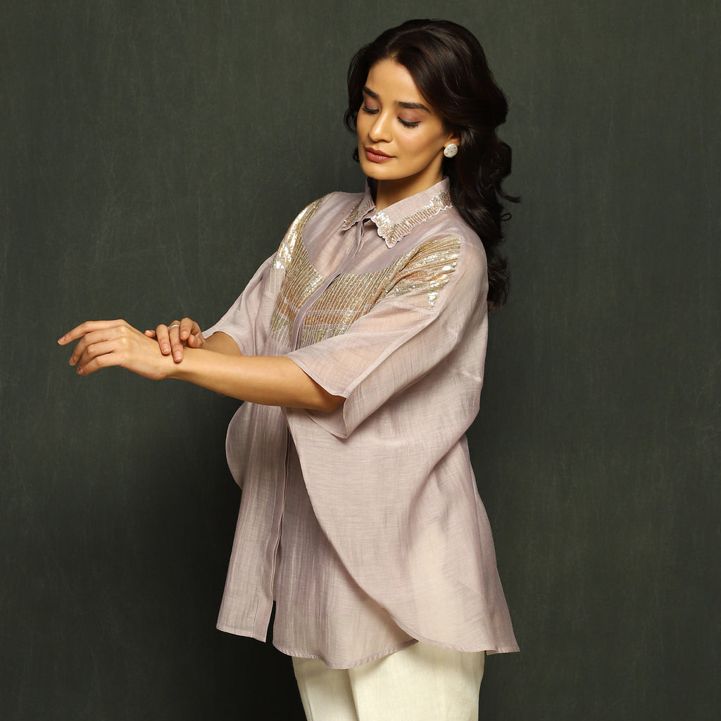 Mauve Embroidered Mul Chanderi Top