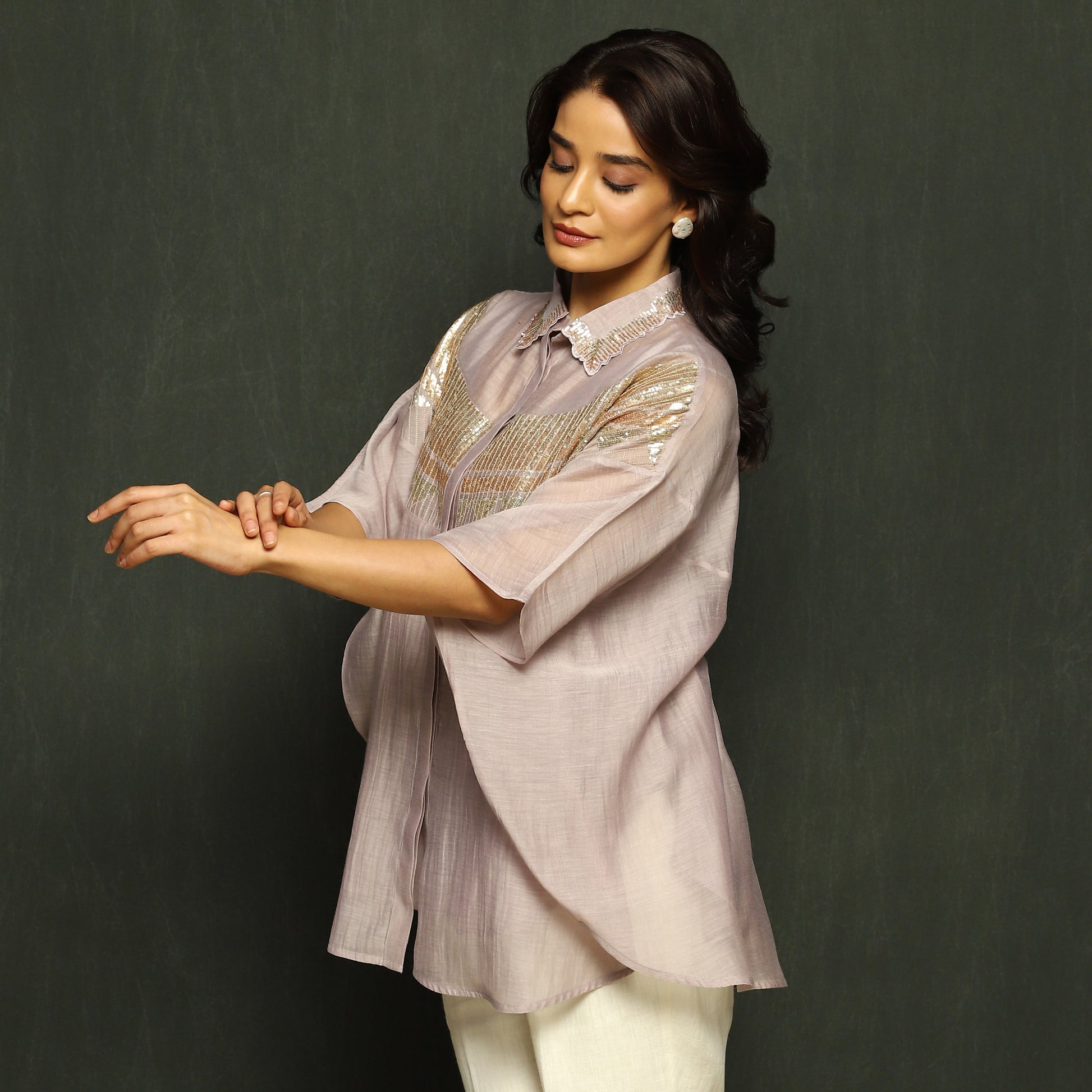 Mauve Embroidered Mul Chanderi Top