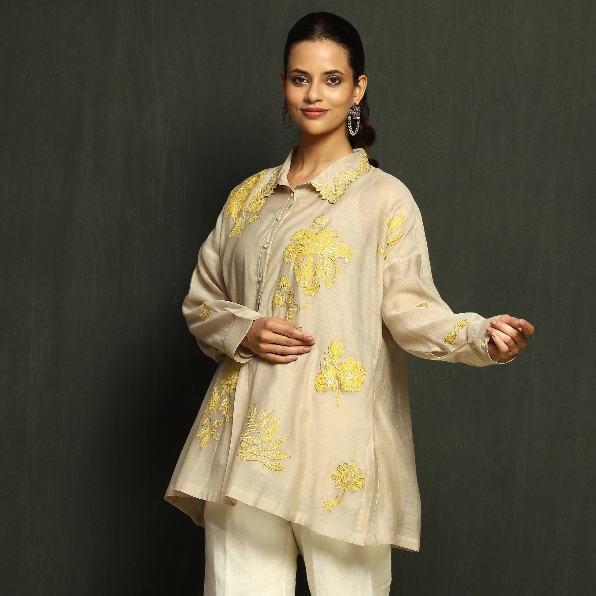 Ecru & Yellow Floral Embroidered Mul Chanderi Top