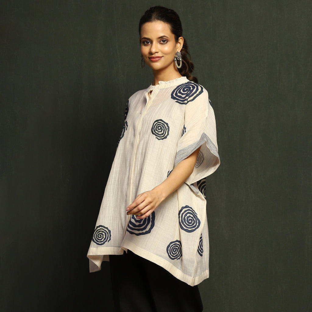 Ecru & Navy Swirl Print Mul Chanderi Top
