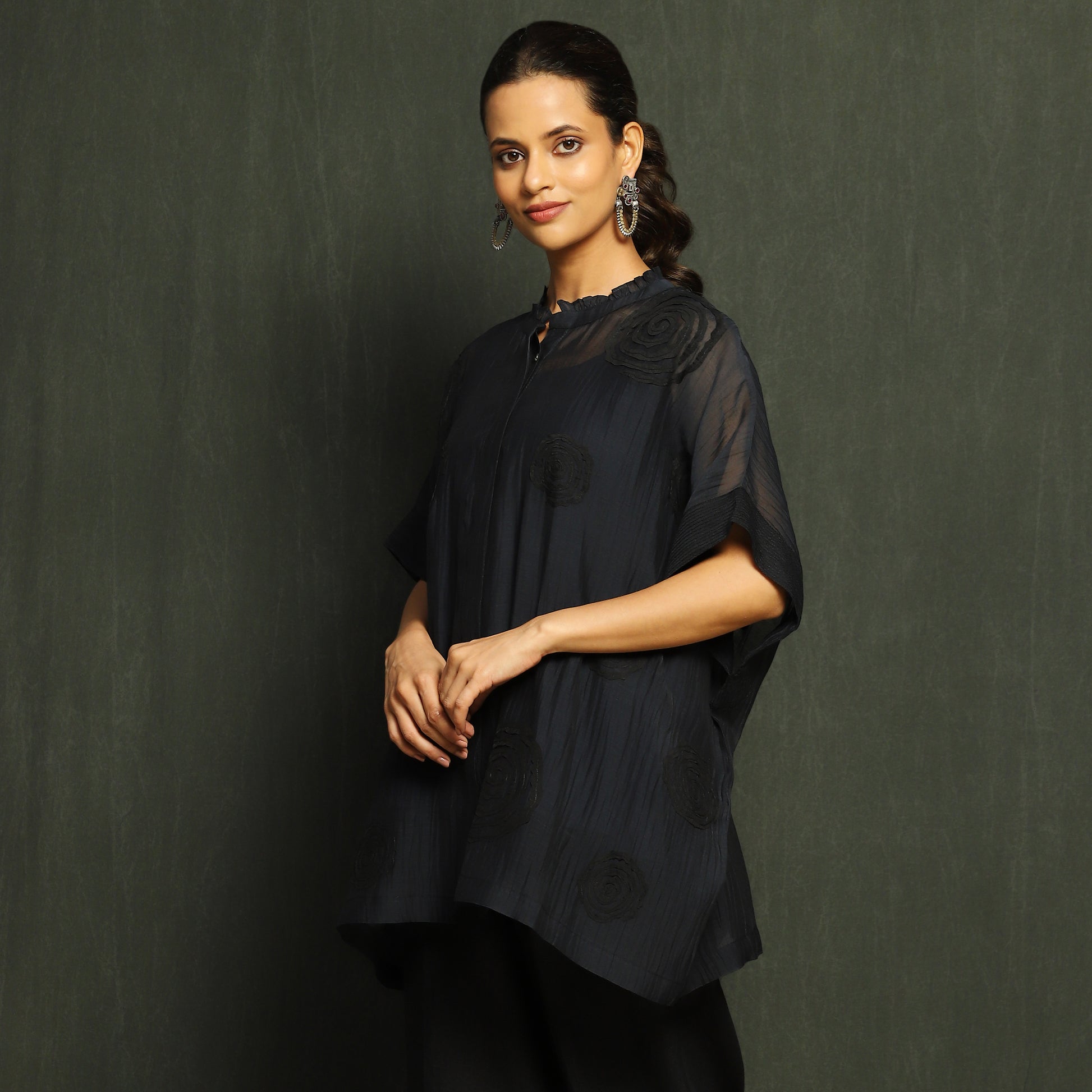 Black Floral Tonal Embroidered Mul Chanderi Top