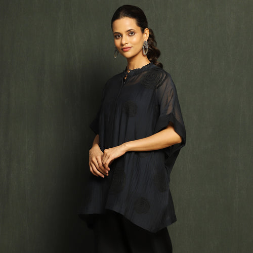 Black Floral Tonal Embroidered Mul Chanderi Top