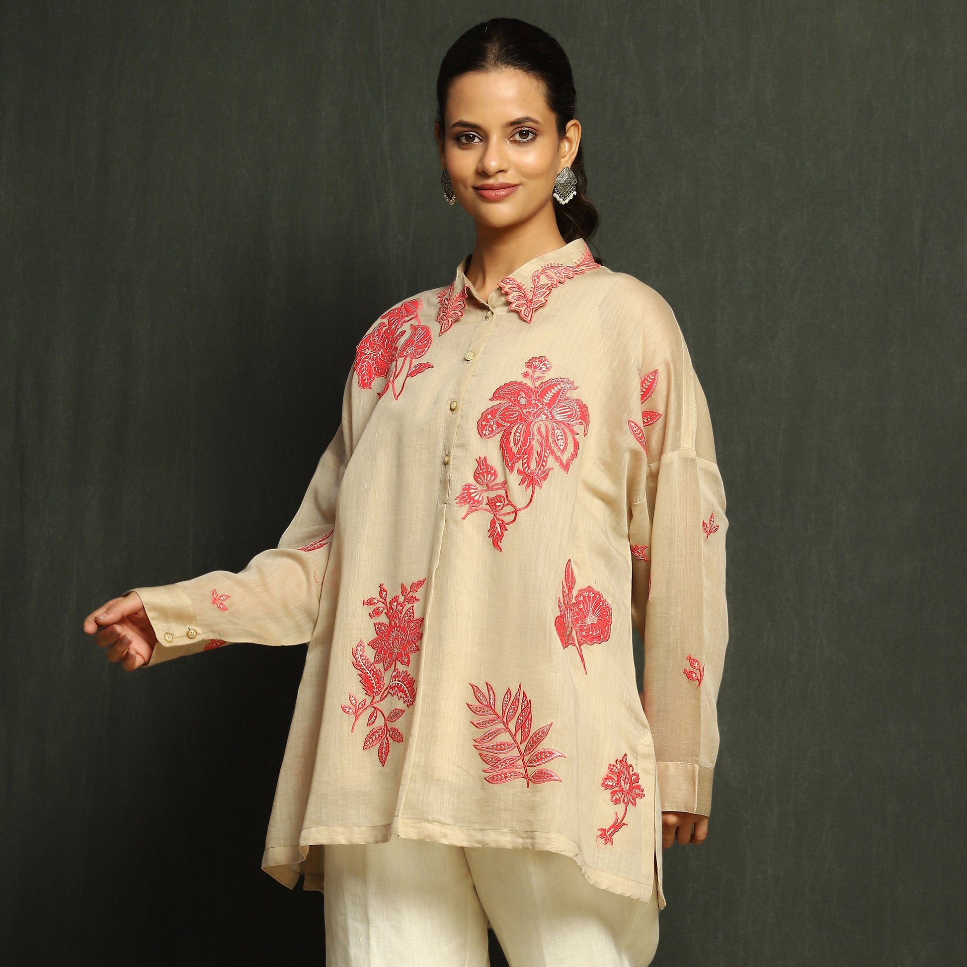 Ecru & Pink Floral Embroidered Mul Chanderi Top