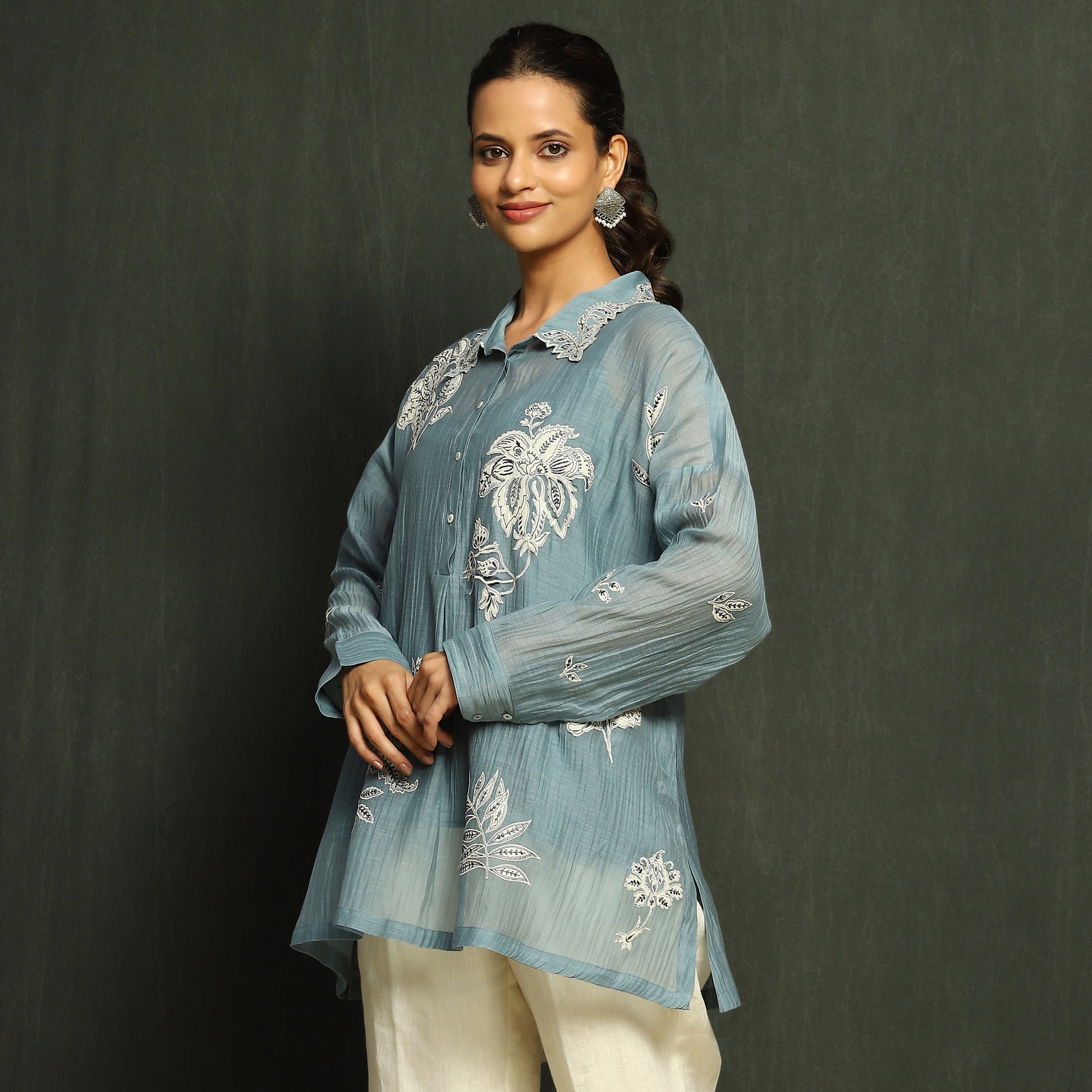 Steel Blue Embroidered Mul Chanderi Top