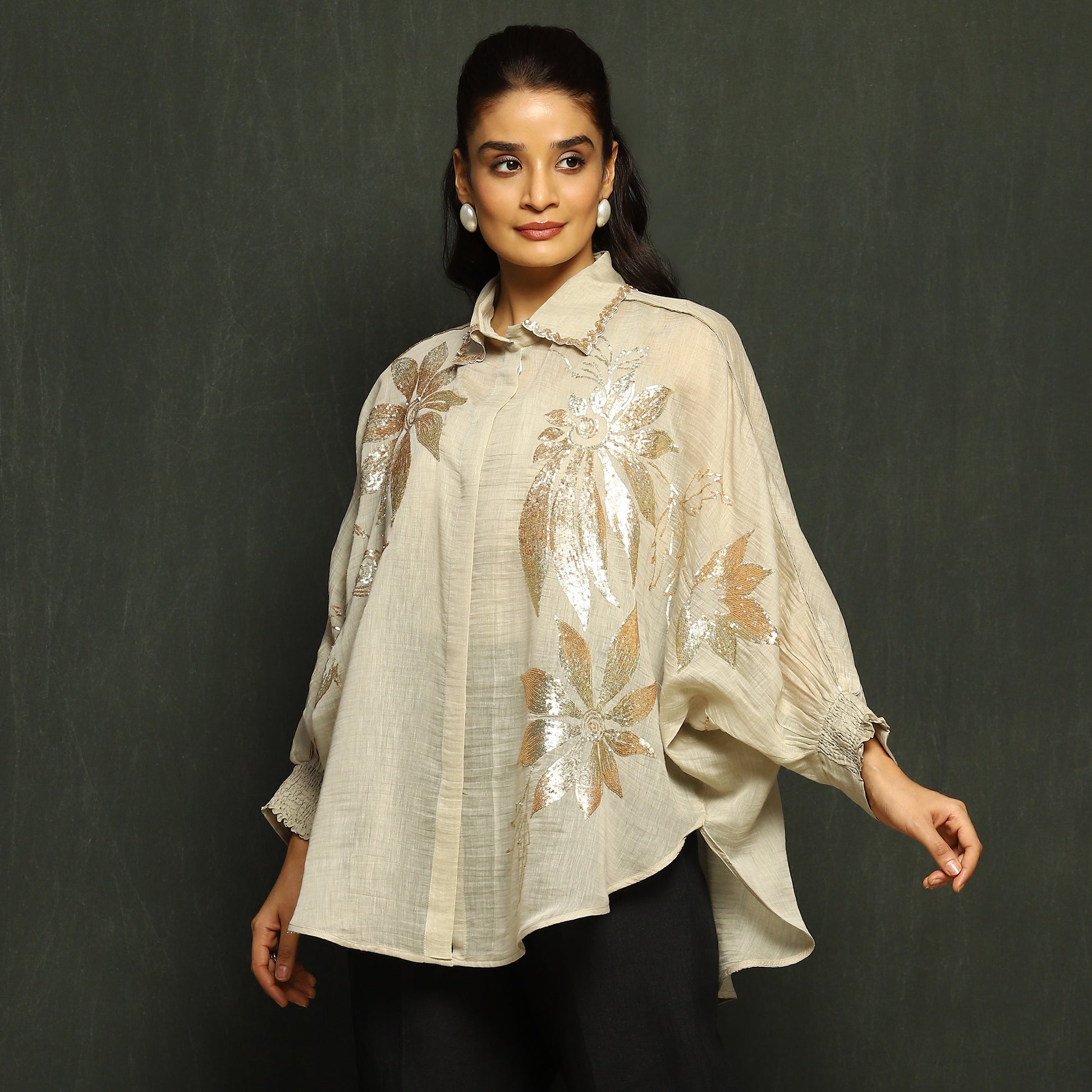 Ecru & Gold Floral Embroidered Mul Chanderi Top