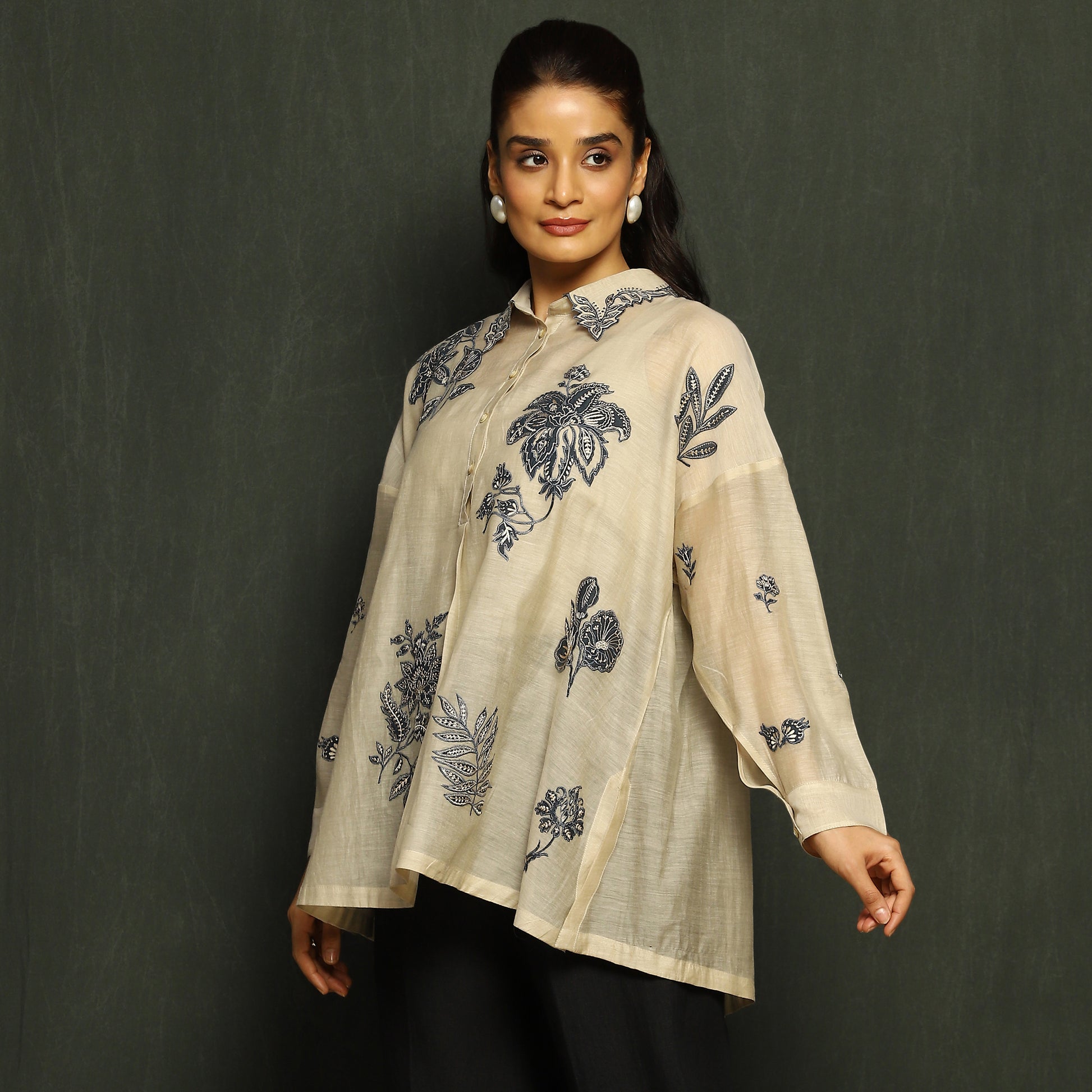 Ivory & Navy Floral Embroidered Tunic