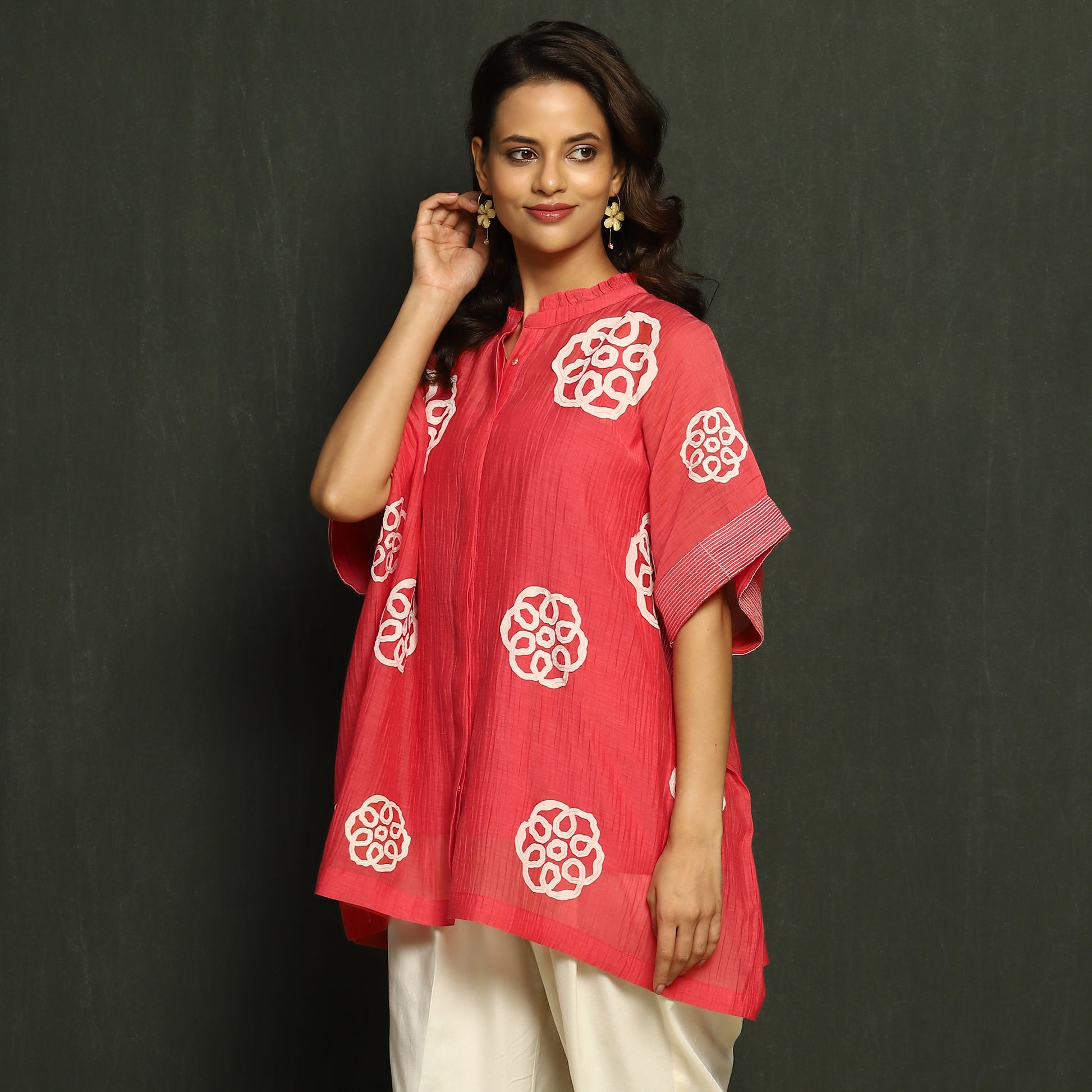 Coral & White Embroidered Mul Chanderi Top