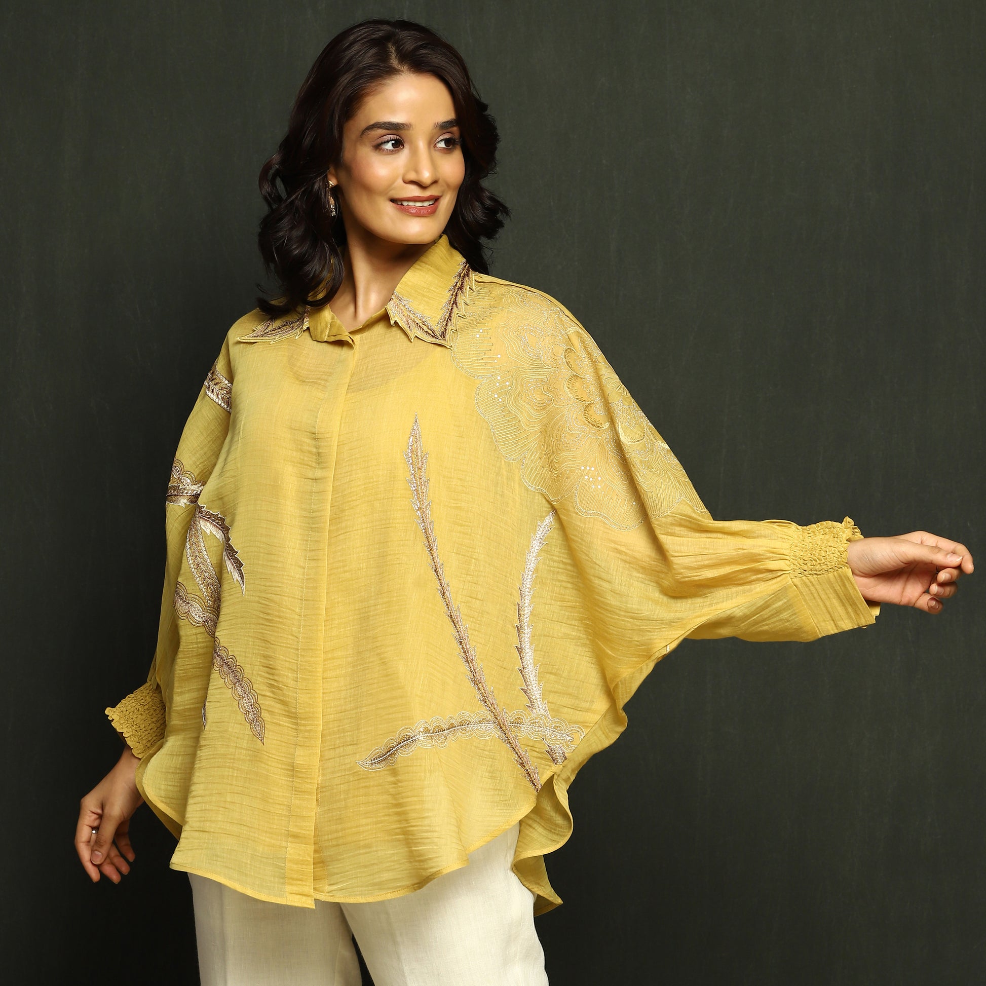 Marigold Embroidered Button-Down Mul Chanderi Top