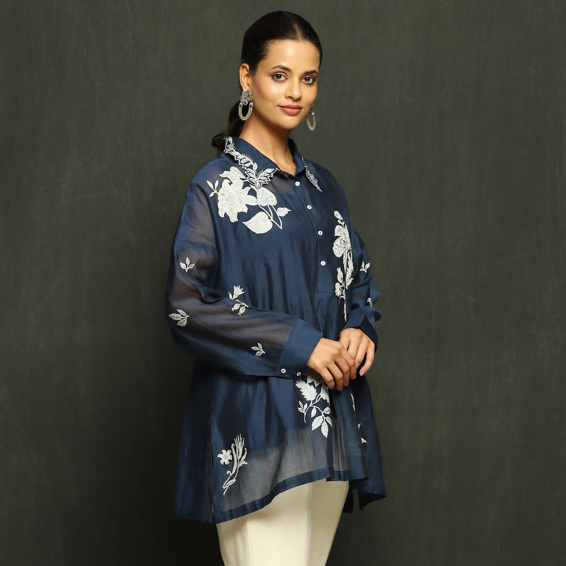 Midnight Blue Embroidered Mul Chanderi Blouse