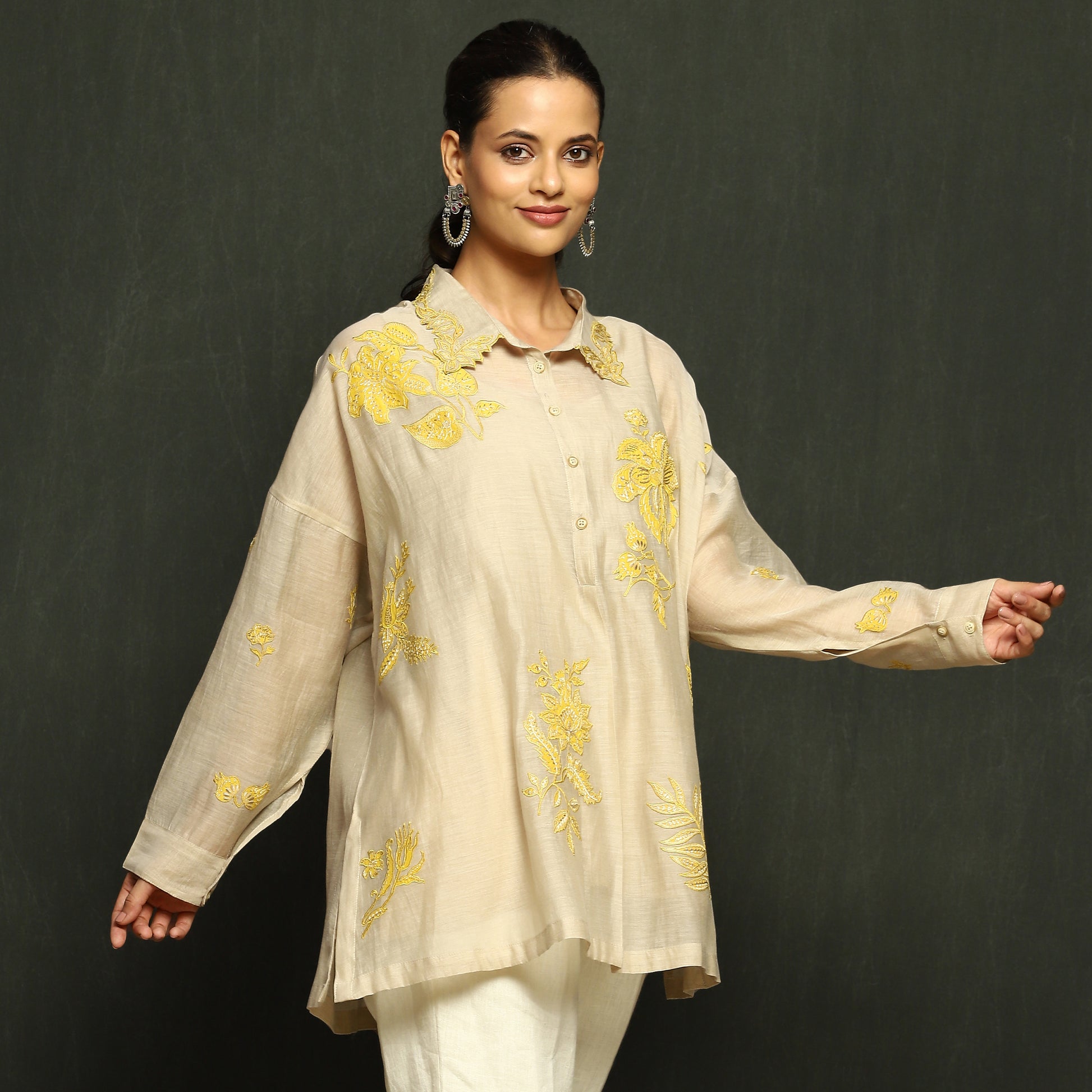 Ecru & Yellow Floral Embroidered Mul Chanderi Top