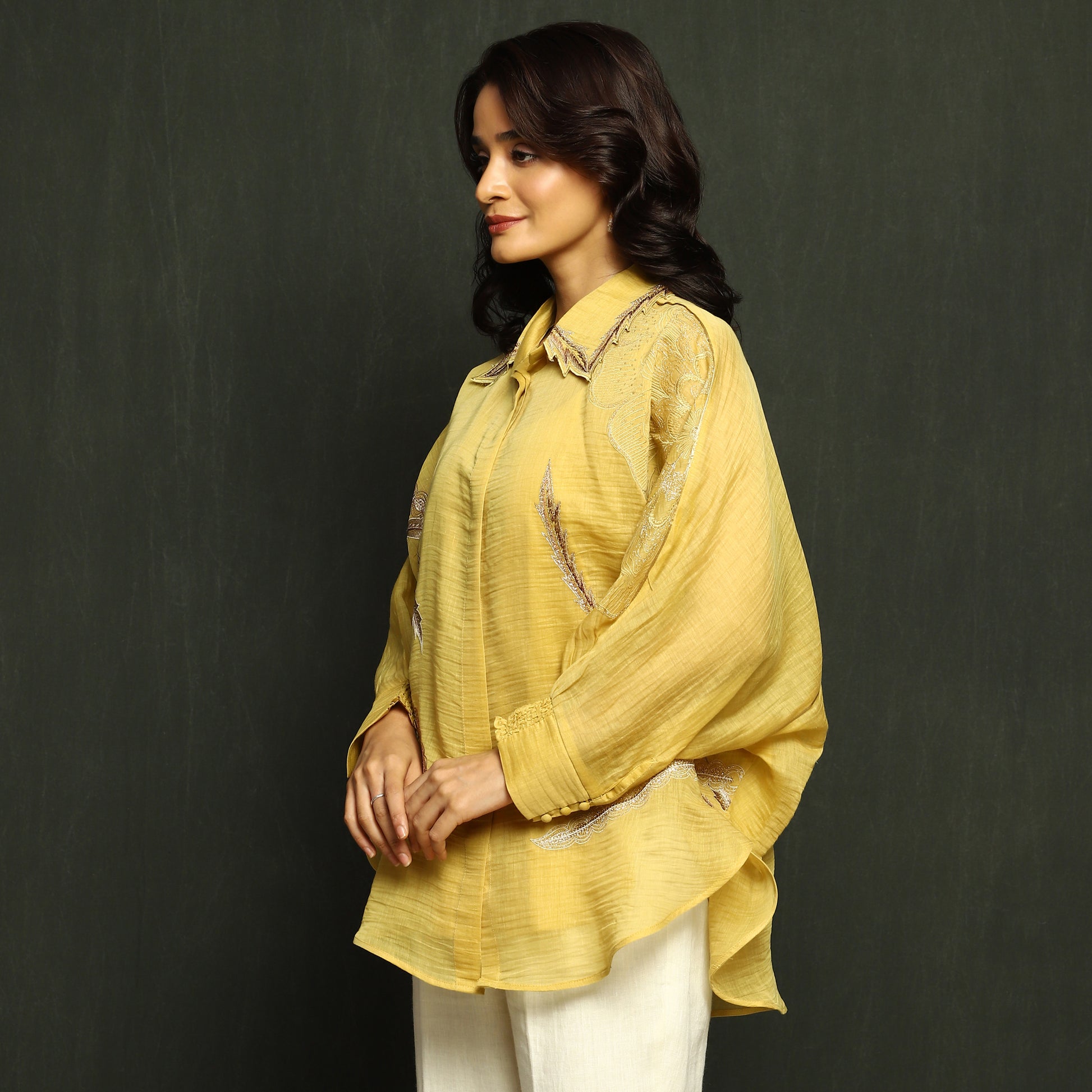 Marigold Embroidered Button-Down Mul Chanderi Top