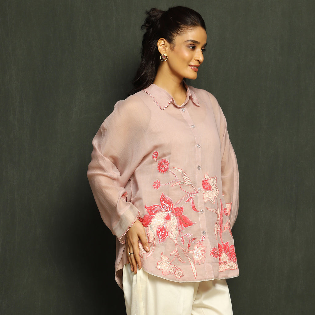 Pink Multi-Tonal Floral Embroidered Mul Chanderi Top