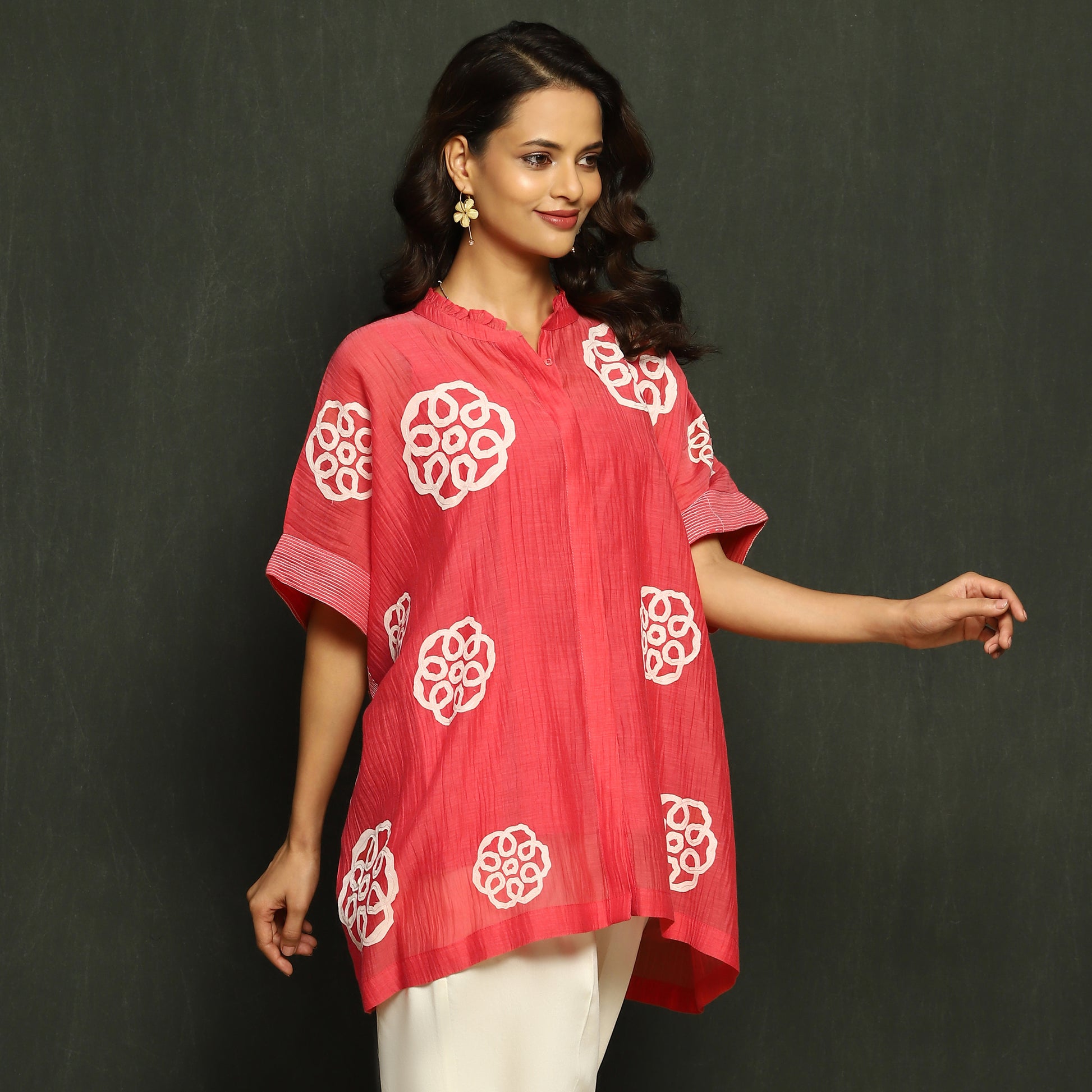 Coral & White Embroidered Mul Chanderi Top