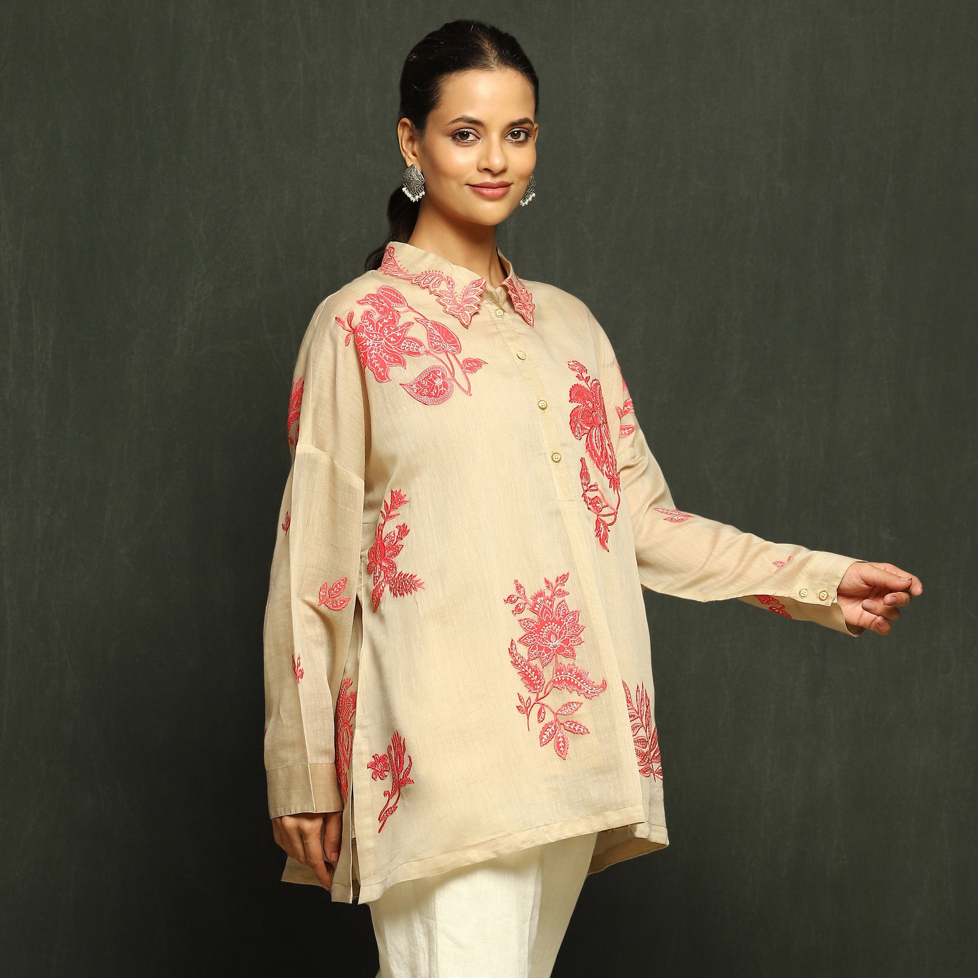 Ecru & Pink Floral Embroidered Mul Chanderi Top
