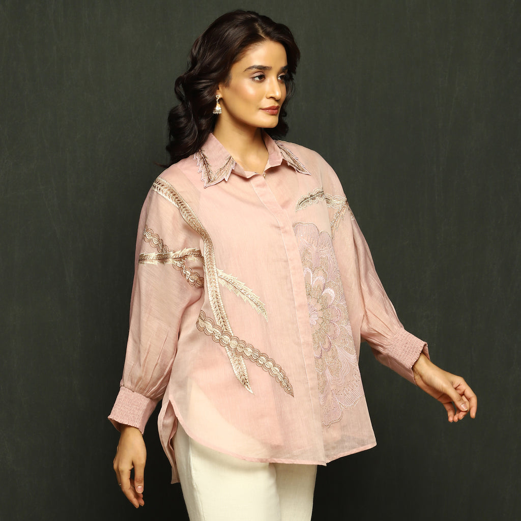 Pink Embroidered Mul Chanderi Top
