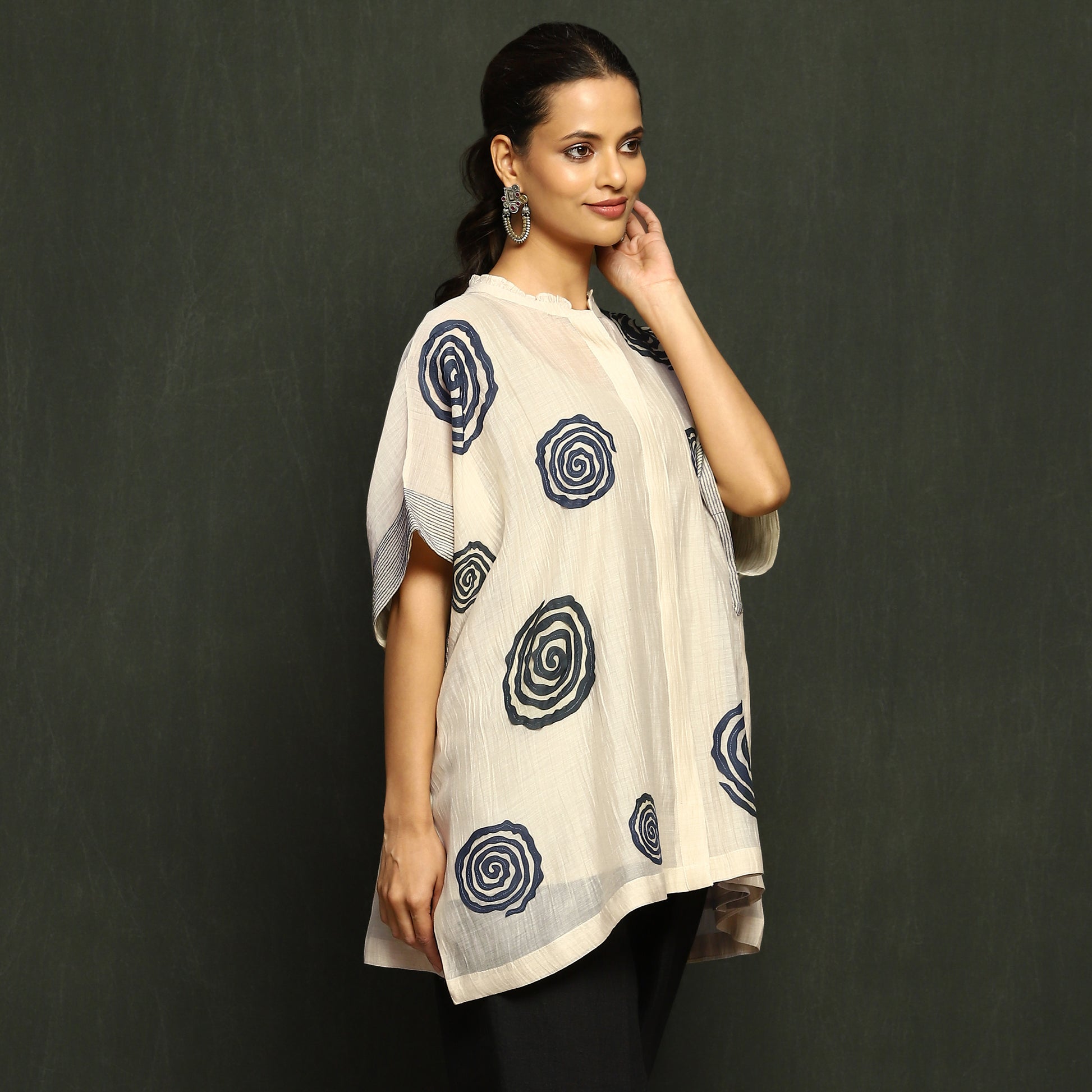 Ecru & Navy Swirl Print Mul Chanderi Top