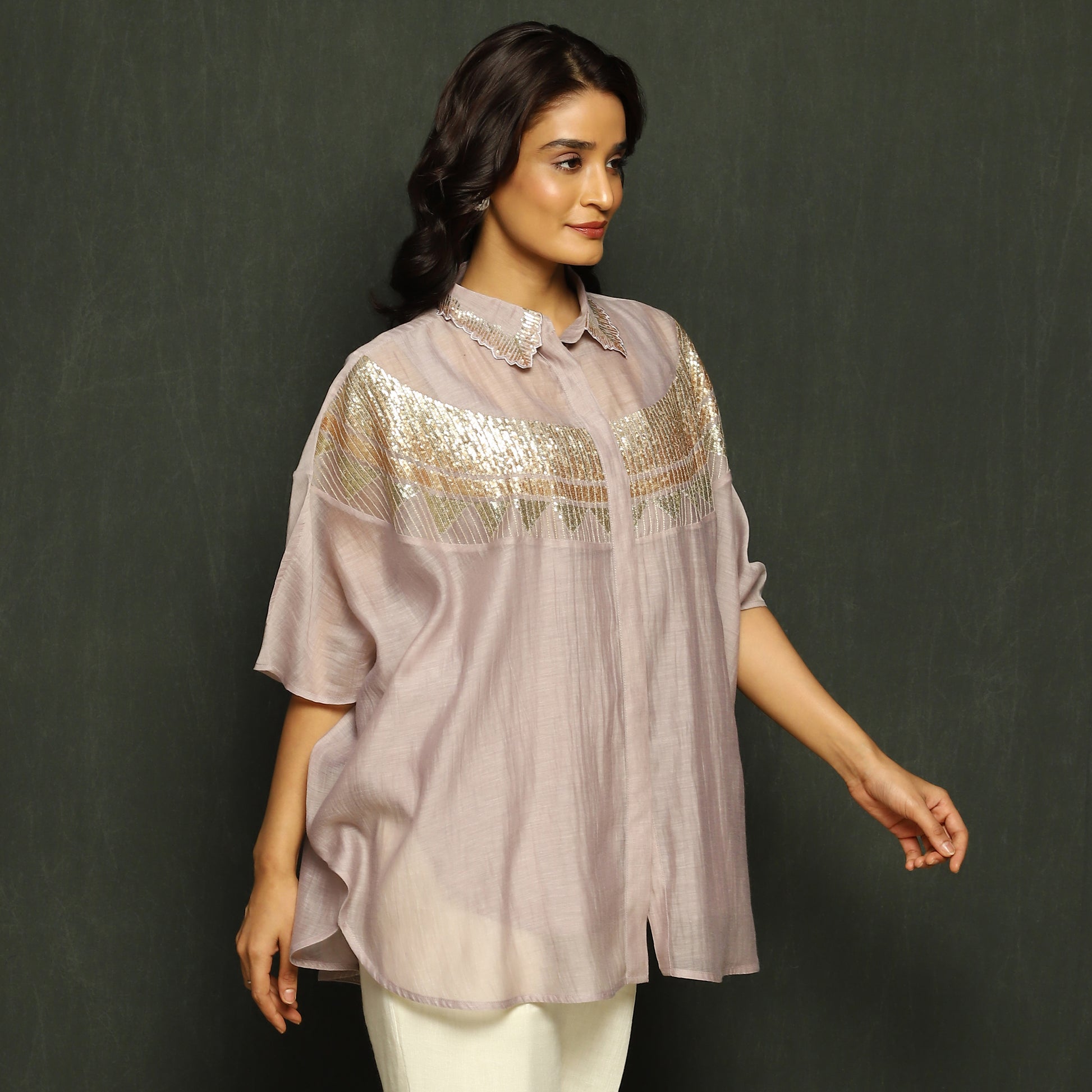 Mauve Embroidered Mul Chanderi Top