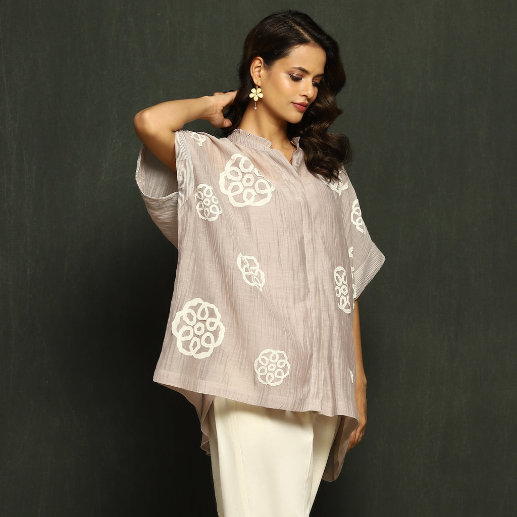 Taupe Embroidered Mul Chanderi Top