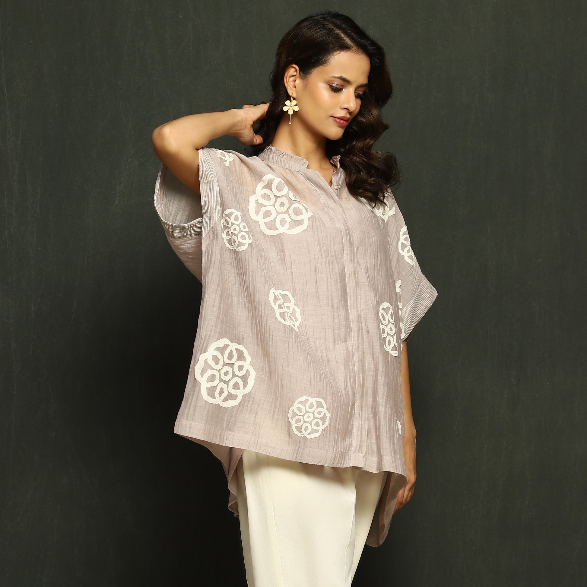 Taupe Embroidered Mul Chanderi Top