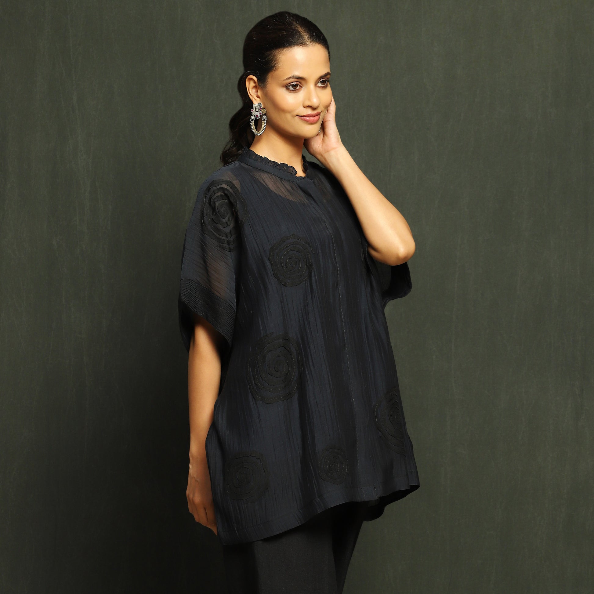 Black Floral Tonal Embroidered Mul Chanderi Top