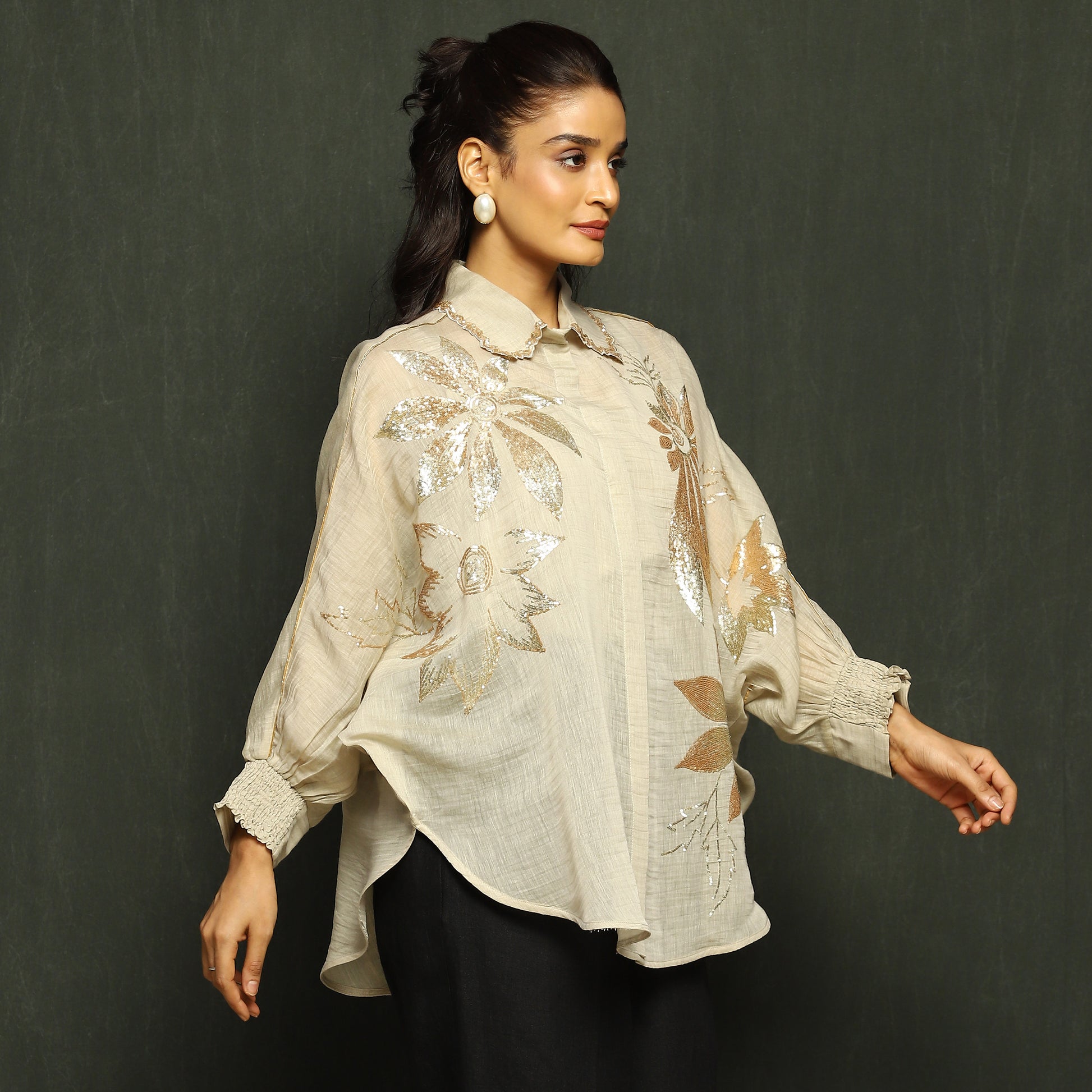 Ecru & Gold Floral Embroidered Mul Chanderi Top