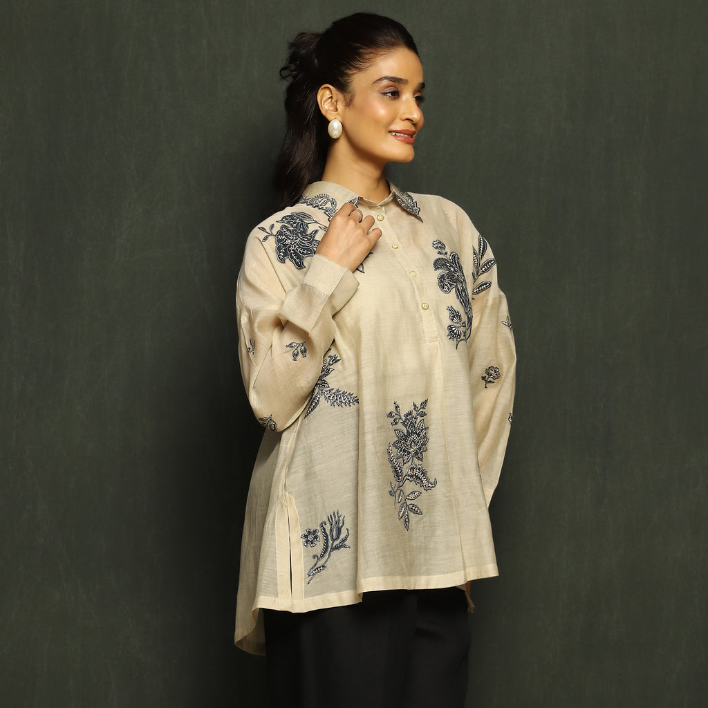 Ivory & Navy Floral Embroidered Tunic