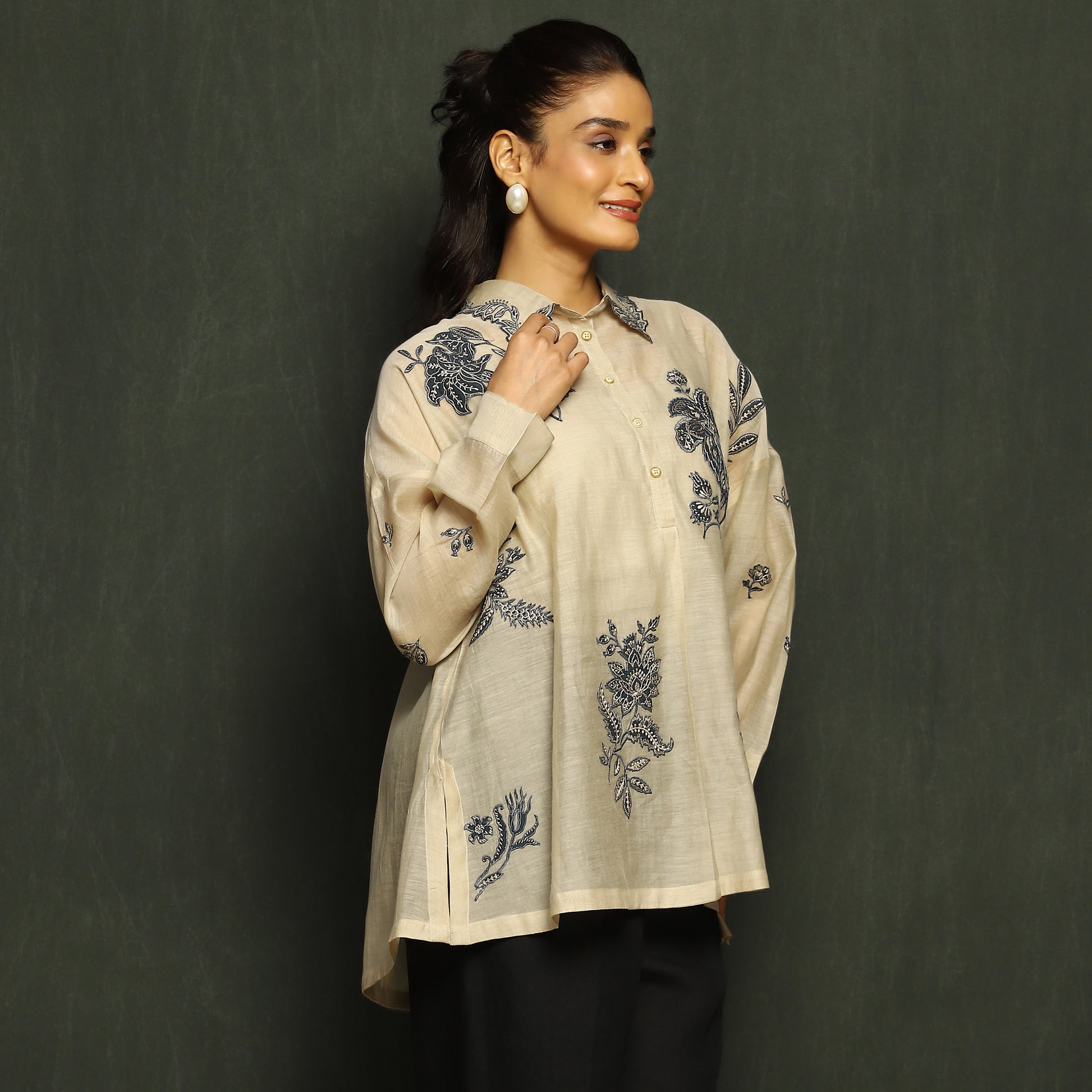 Ivory & Navy Floral Embroidered Tunic