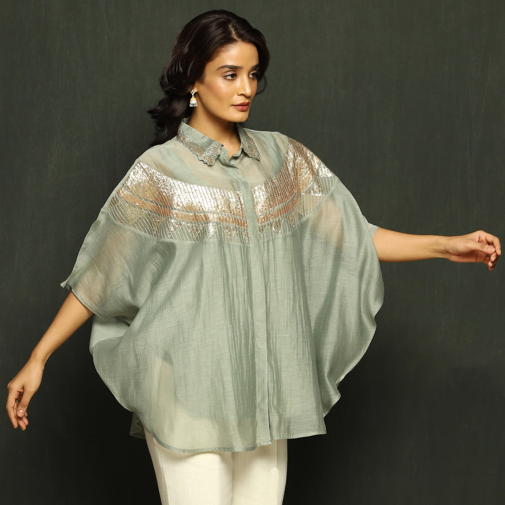 Noor Embroidered Yoke Overshirt in Mul Chanderi