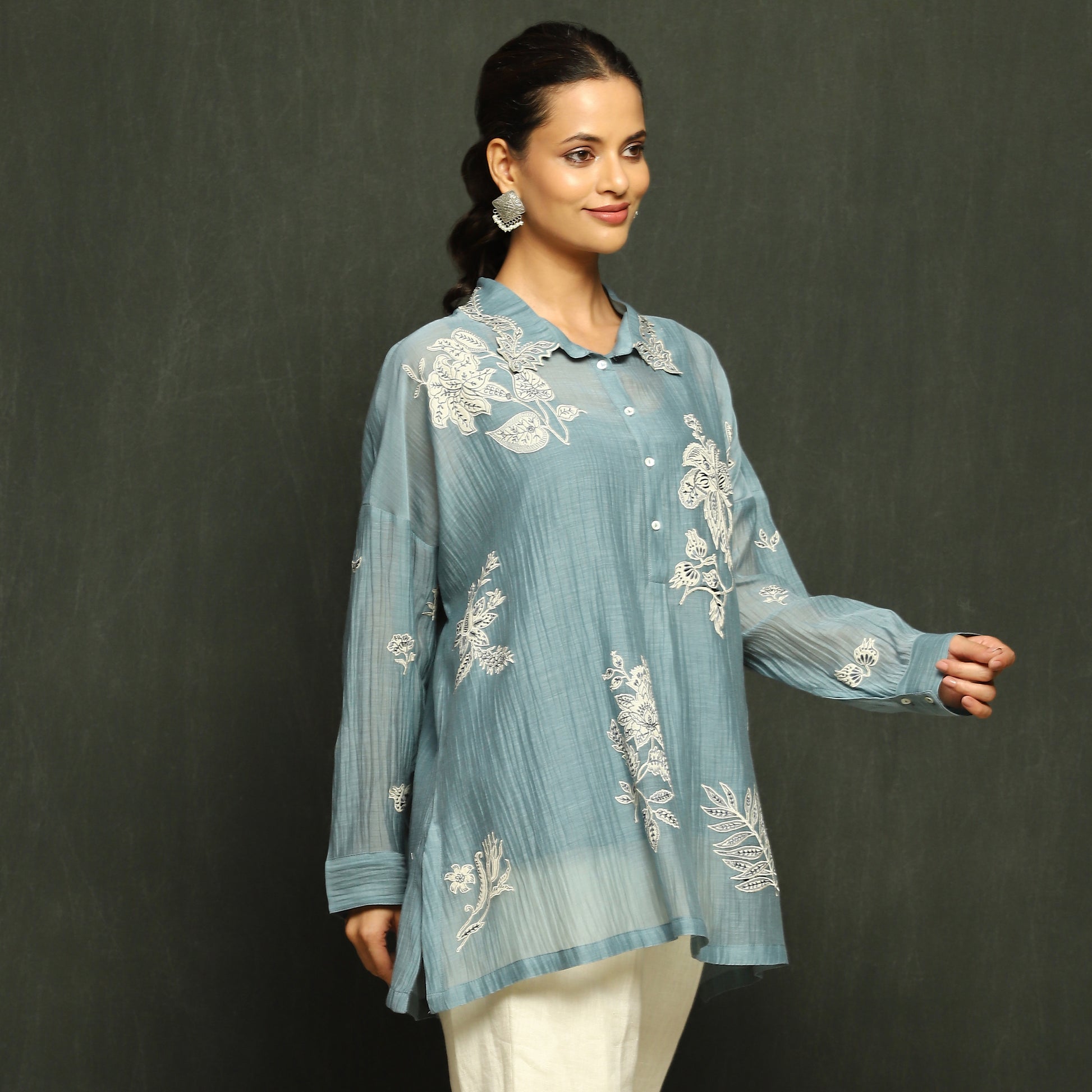 Steel Blue Embroidered Mul Chanderi Top