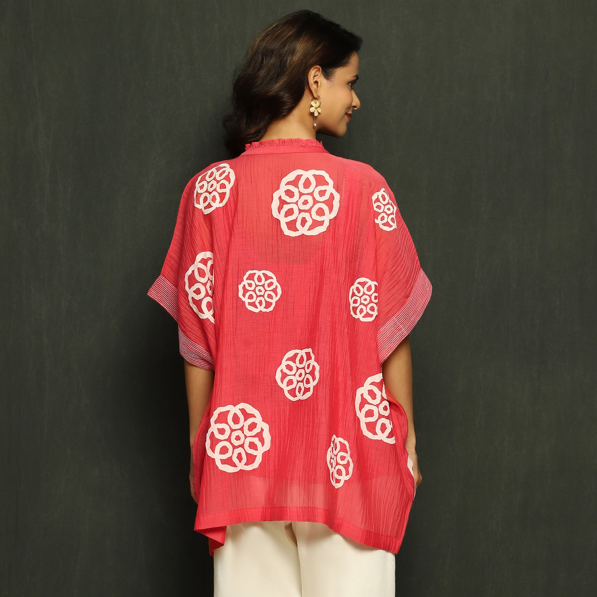 Coral & White Embroidered Mul Chanderi Top